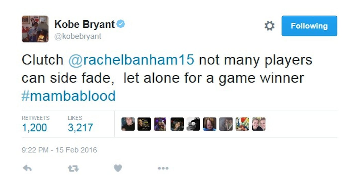 After her game-winning three-pointer against Iowa on Monday night, Rachel Banham told the Big Ten Network in a televised postgame interview that she hoped to hear from Lakers star Kobe Bryant on Twitter again. Not long after, Bryant complied.