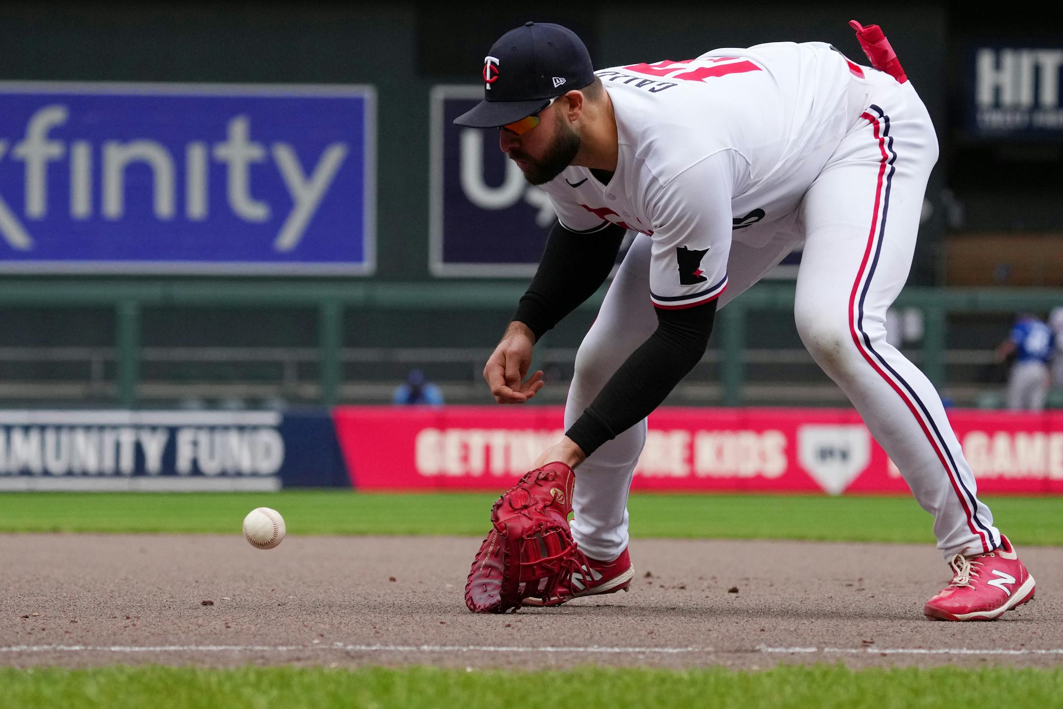Minnesota Twins first baseman Joey Gallo (13) fields a ball hit by Kansas City Royals second baseman Michael Massey (19) in the seventh inning of an MLB game between the Minnesota Twins and the Kansas City Royals Saturday, April 29, 2023, at Target Field in Minneapolis. ] ANTHONY SOUFFLE • anthony.souffle@startribune.com