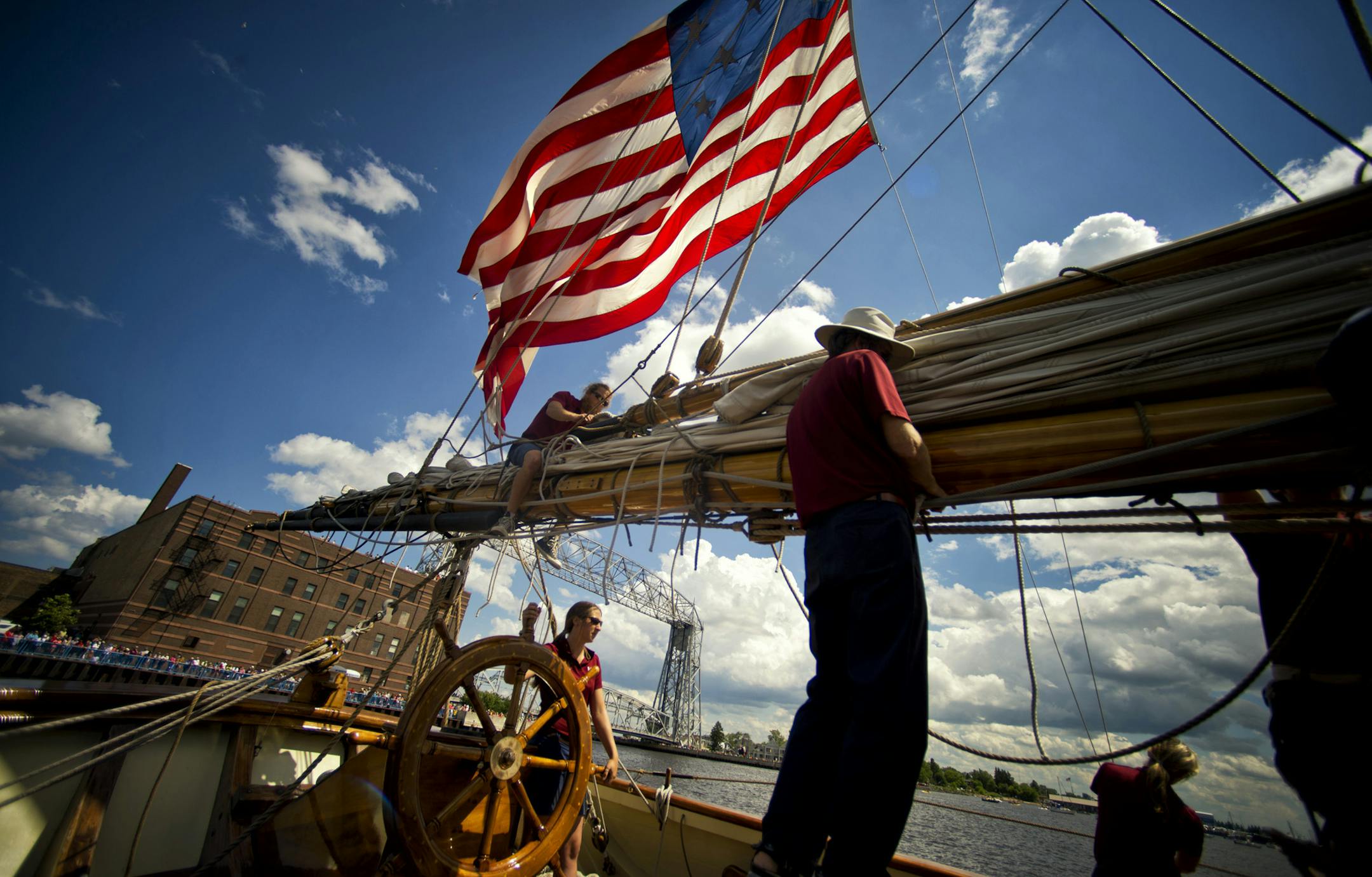 The crew, both pros and landlubbers, of the Pride of Baltimore II prepared for docking in Duluth at the end of a journey last summer across the vast beauty of Lake Superior.
