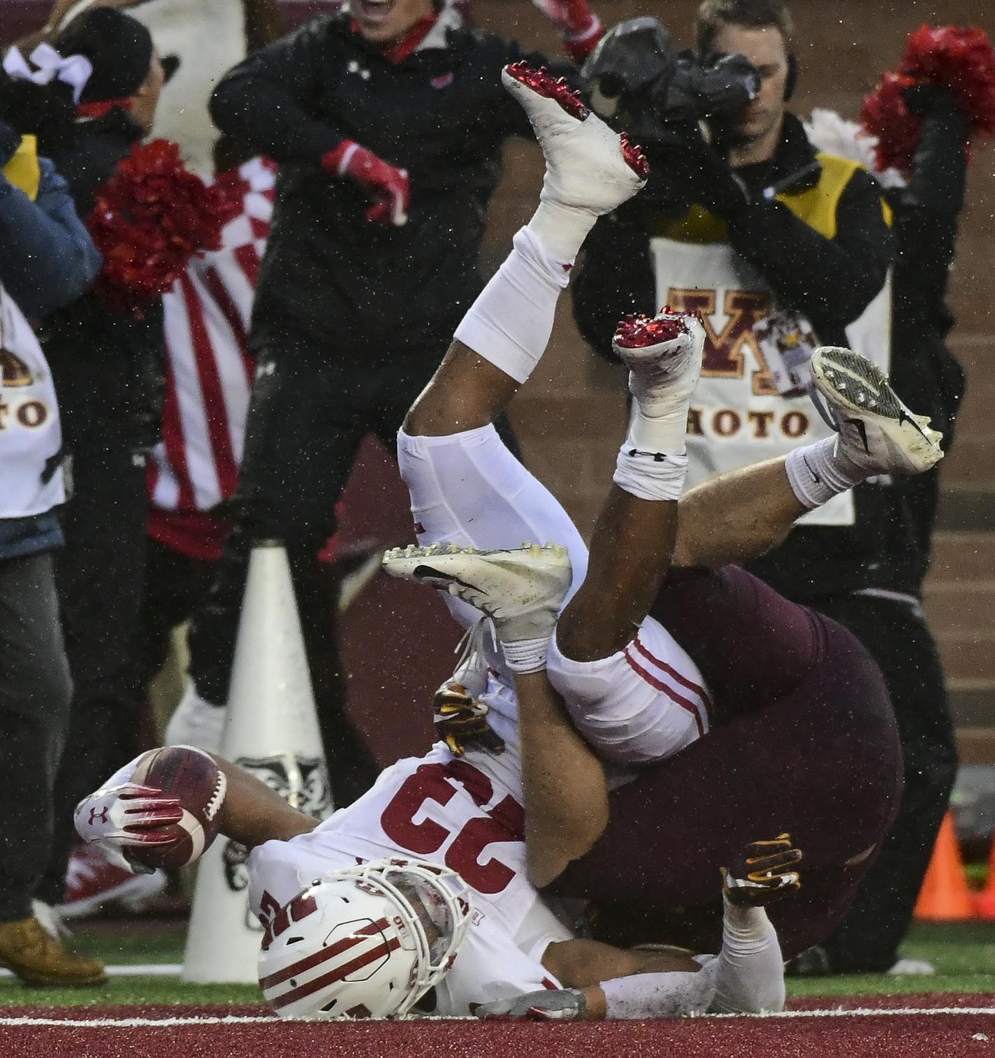 Wisconsin Badgers running back Jonathan Taylor (23) scored a touchdown in the second quarter with Minnesota Gophers linebacker Carter Coughlin (45) defending. ] Aaron Lavinsky &#x2022; aaron.lavinsky@startribune.com The Minnesota Gophers played the Wisconsin Badgers on Saturday, Nov. 30, 2019 at TCF Bank Stadium in Minneapolis, Minn.