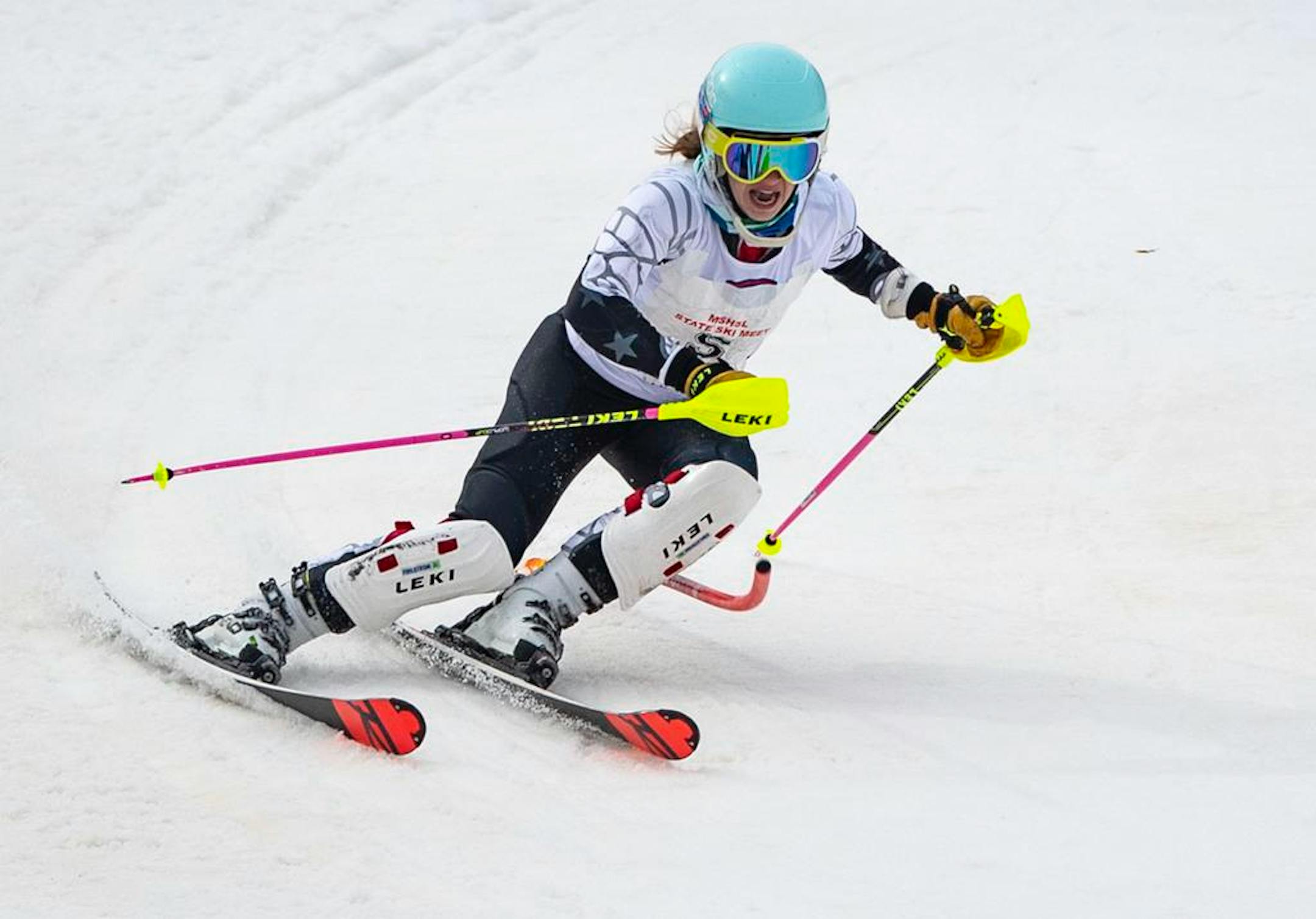 Ava Pihlstrom from The Blake School in Minneapolis made her second run in the MSHSL Boys and Girls Alpine Skiing State Meet on Wednesday in Biwabik, Minn. Pihlstrom would go on to be named the girls state champion. ]