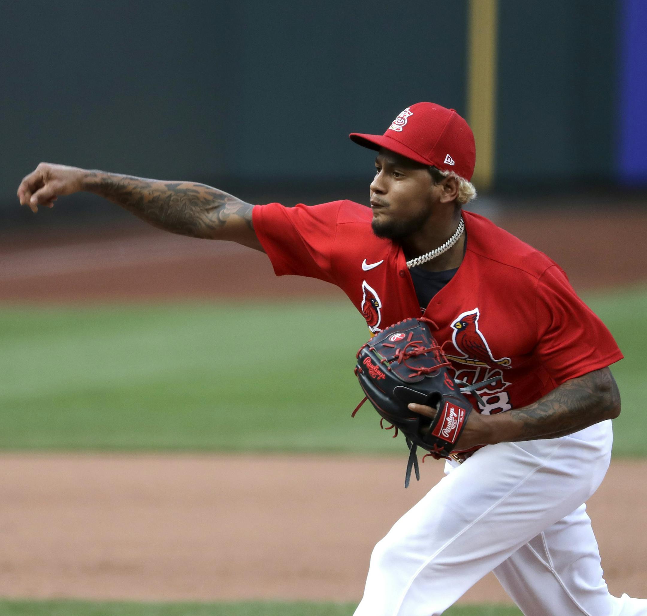 St. Louis Cardinals pitcher Carlos Martinez throws during the fifth inning of an exhibition baseball game against the Kansas City Royals Wednesday, July 22, 2020, in St. Louis. (AP Photo/Jeff Roberson) ORG XMIT: MOJR