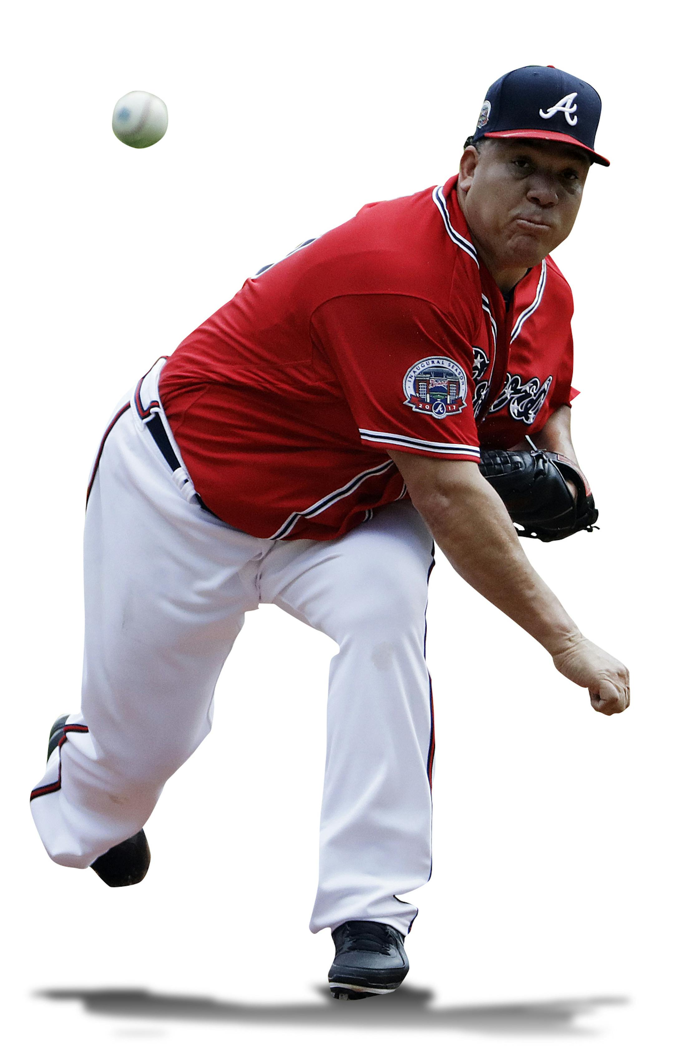 Atlanta Braves starting pitcher Bartolo Colon throws in the first inning of a baseball game against the Washington Nationals in Atlanta, Saturday, May 20, 2017. (AP Photo/David Goldman) ORG XMIT: GADG102