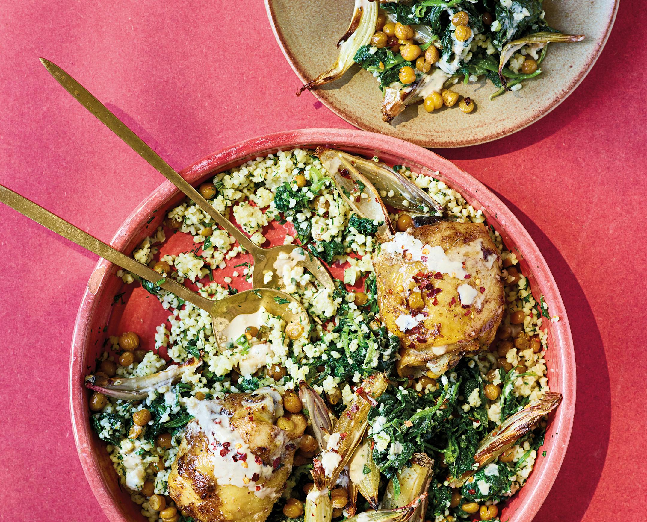Ras el Hanout Chicken with Chickpeas and Herbed Bulgur from Leon: Big Salads by Rebecca Seal (Conran, 2023). Photo: Steven Joyce