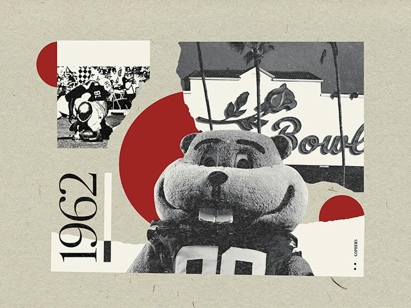 Illustration featuring Goldy Gopher in front of images of the Rose Bowl and a play from the last time the Gophers played there in 1962.