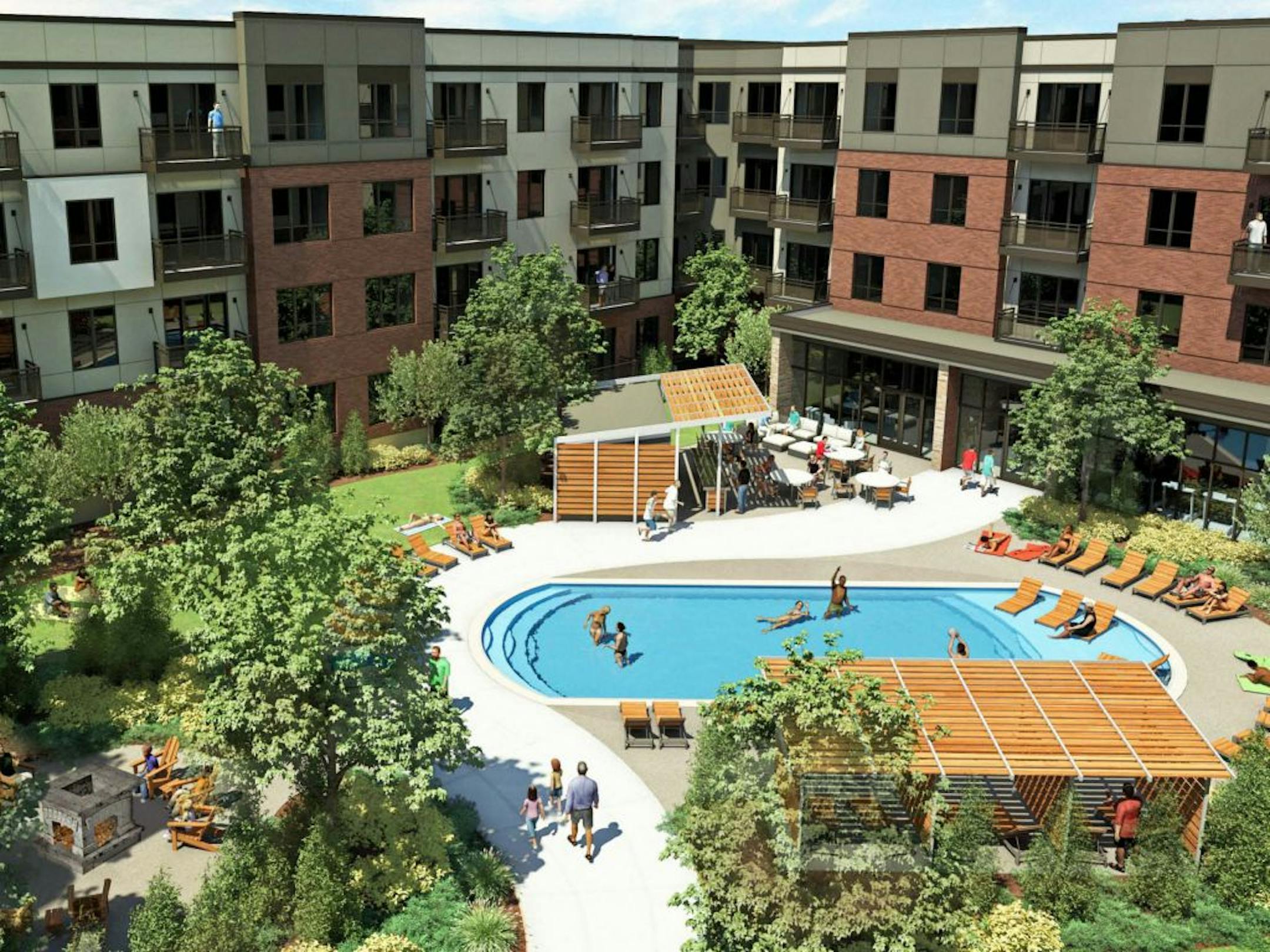 A rendering of the courtyard at The Residence at The COR in Ramsey, now under construction