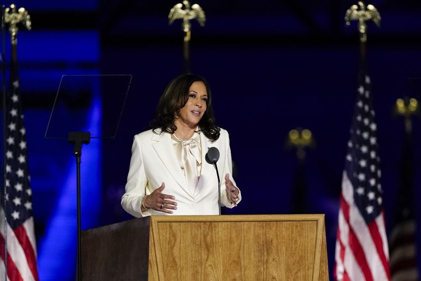 Vice President-elect Kamala Harris speaks Saturday, Nov. 7, 2020, in Wilmington, Del.