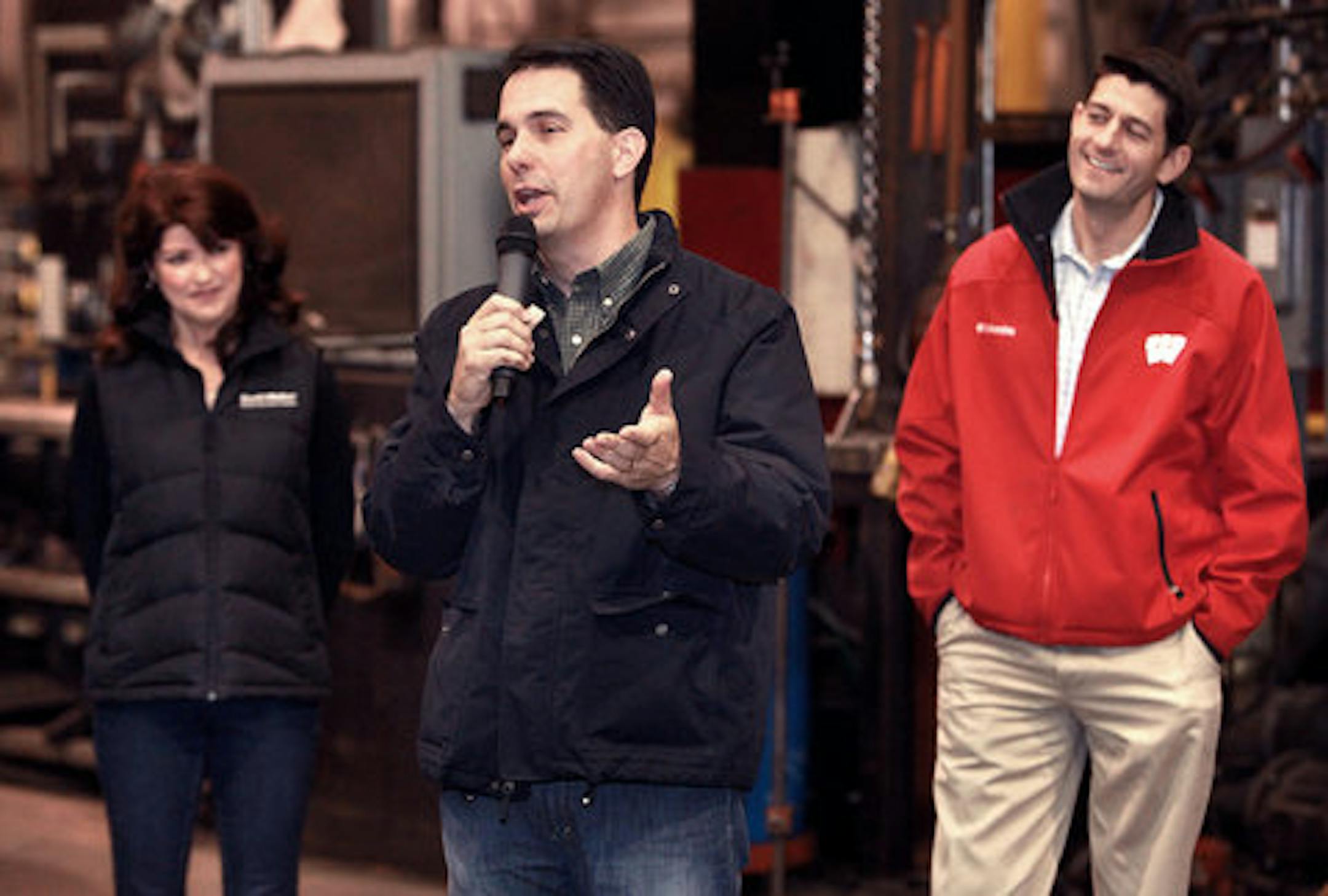 Gov. Scott Walker, during a campaign stop in West Salem, where he sneaked a "Go Packers" message on a beam meant for the Vikings Stadium.With Walker on this stop was Lt. Gov. Rebecca Kleefisch and U.S. Rep. Paul Ryan.