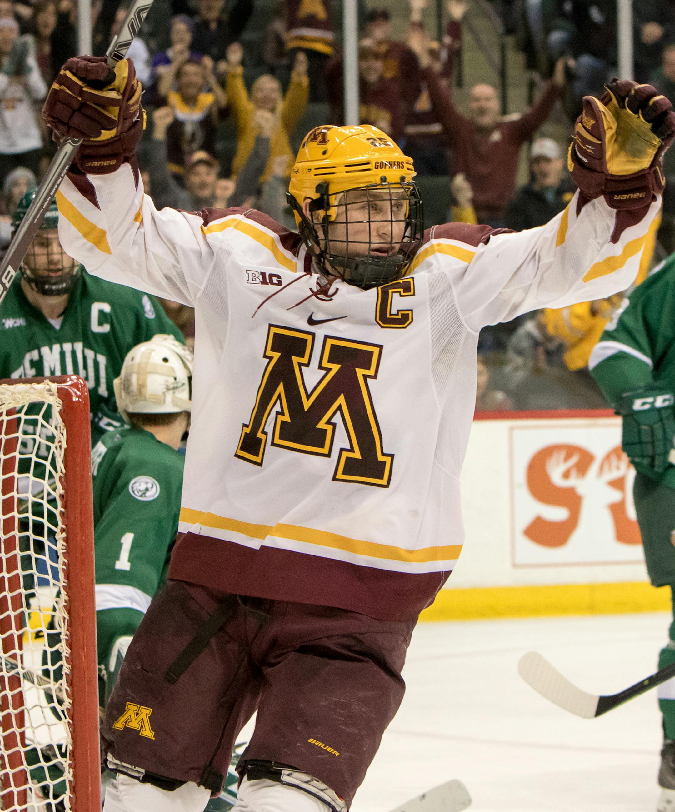 Minnesota Golden Gophers forward Justin Kloos (25) celebrates after putting the Gophers up 2-1 in the 2016 North Star College Cup tournament semi finals on January 30, 2016 at the Xcel Energy Center in St. Paul, Minnesota. ] Special to Star Tribune MATT BLEWETT ï matt@mattebphoto.com - January 30, 2016, St. Paul, Minnesota, University of Minnesota Gophers, Bemidji State Beavers, 2016 North Star College Cup, 213971 UPUK 013116 ORG XMIT: MIN1601301907232836