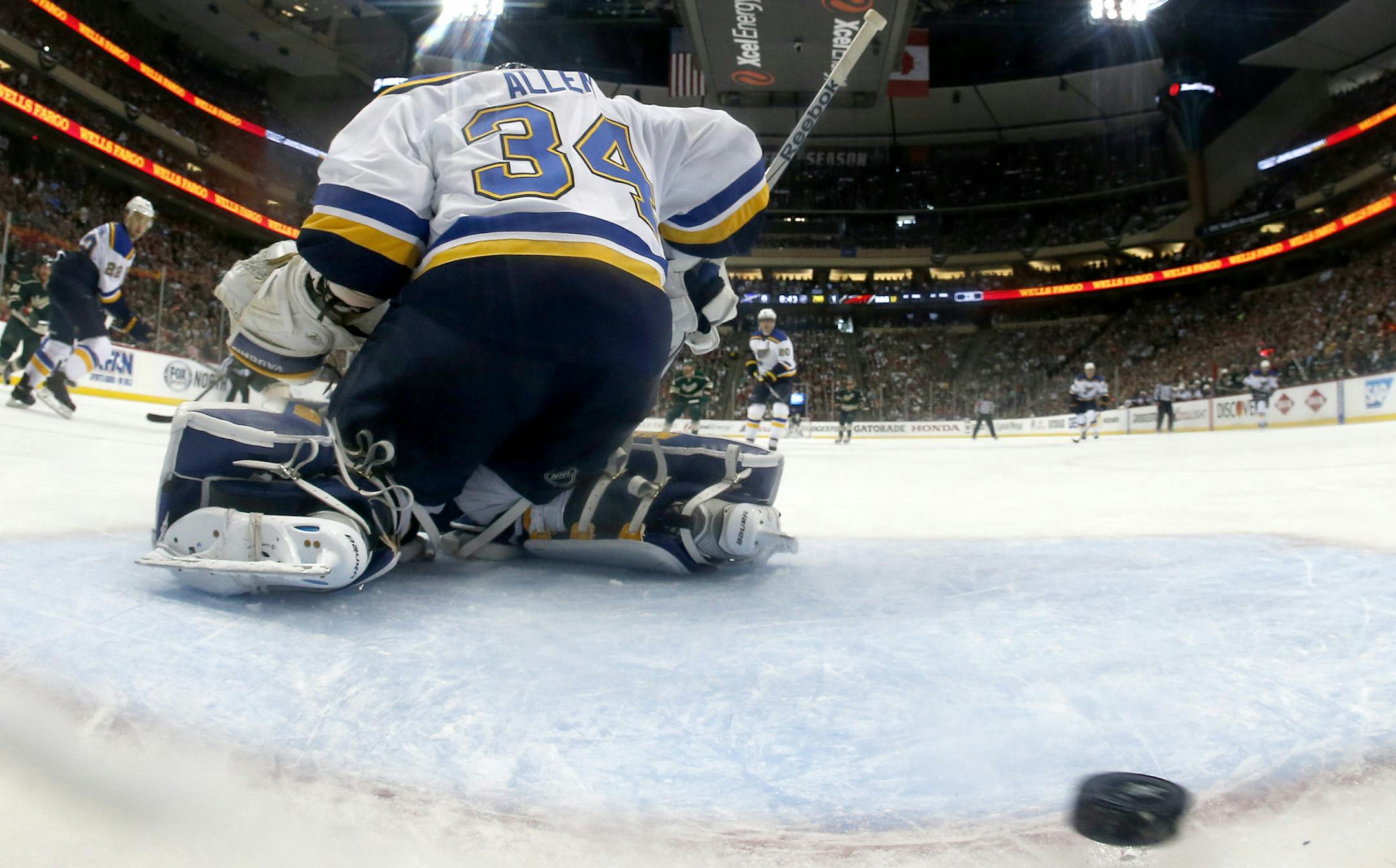 Justin Fontaine (14) got the puck past Blues goalie Jake Allen (34) for a goal in the second period. ] CARLOS GONZALEZ cgonzalez@startribune.com, April 26, 2015, St. Paul, Minn., Xcel Energy Center, NHL, Minnesota Wild vs. St. Louis Blues, Game 6, Stanley Cup Playoffs