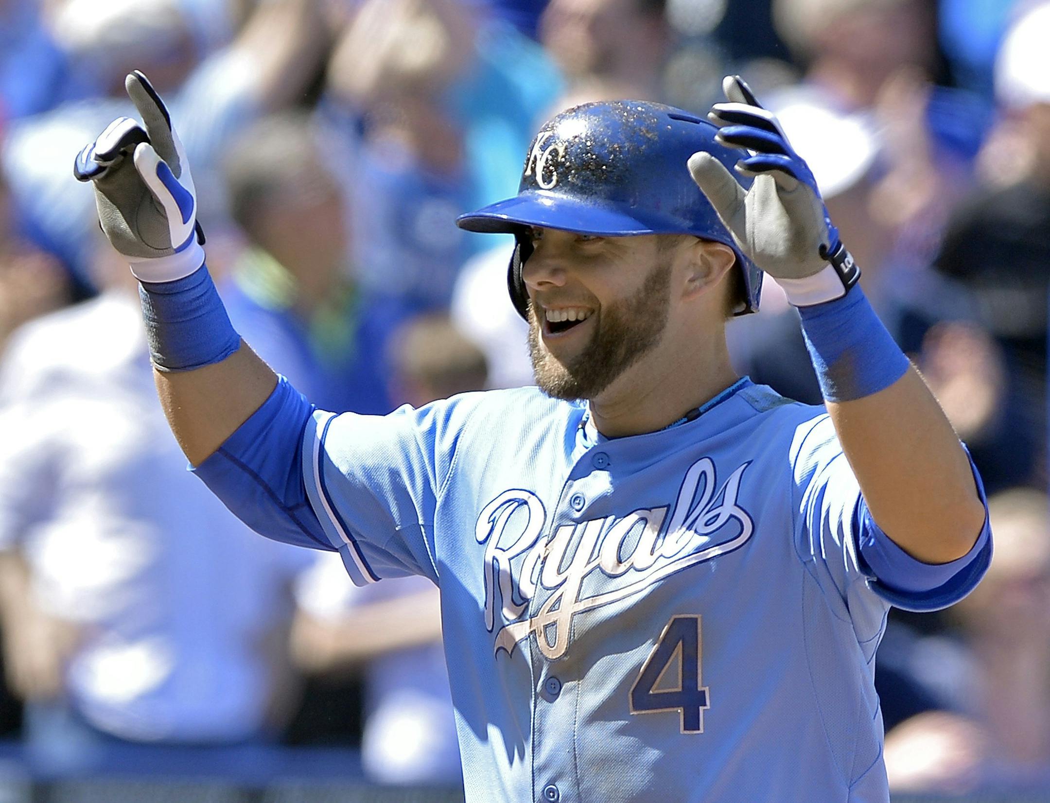 Kansas City Royals' Alex Gordon (4) celebrates as he crosses the plate after hitting a three-run homer in the fifth inning during Wednesday's baseball game against the Tampa Bay Rays on April 9, 2014, at Kauffman Stadium in Kansas City, Mo. (John Sleezer/Kansas City Star/MCT) ORG XMIT: 1151490