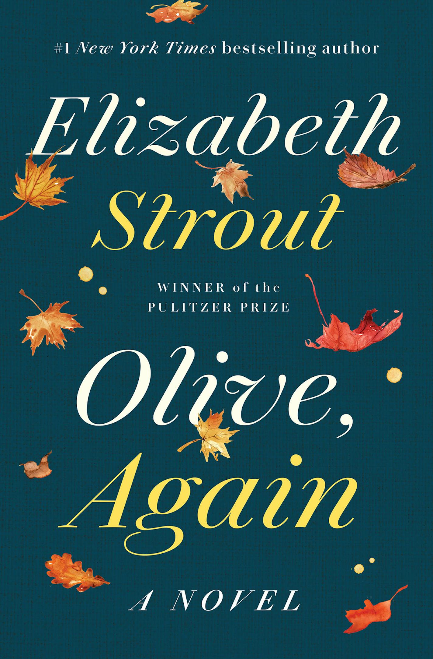 cover of Olive, Again features art of fall leaves on a blue background