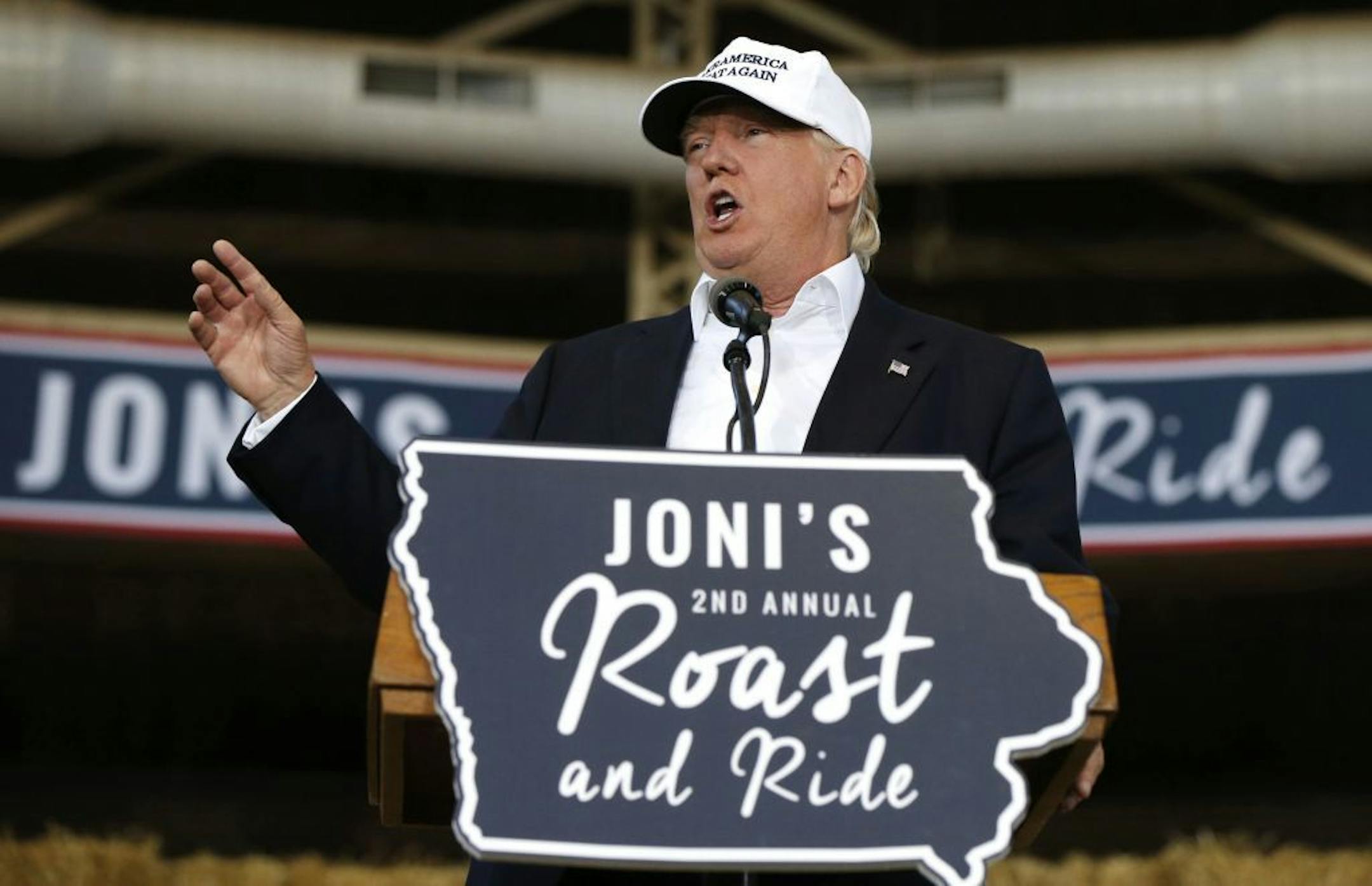 Republican presidential candidate Donald Trump speaks at Joni's Roast and Ride at the Iowa State Fairgrounds, in Des Moines, Iowa, Saturday, Aug. 27, 2016.