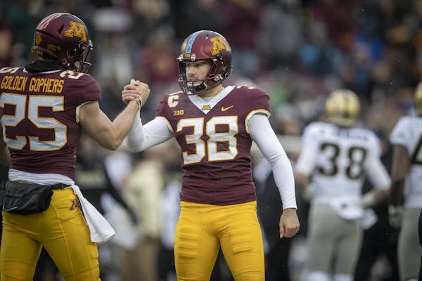 Minnesota's place kicker Emmit Carpenter celebrated a field goal during the second quarter as Minnesota took on Purdue at TCF Bank Stadium, Saturday, 