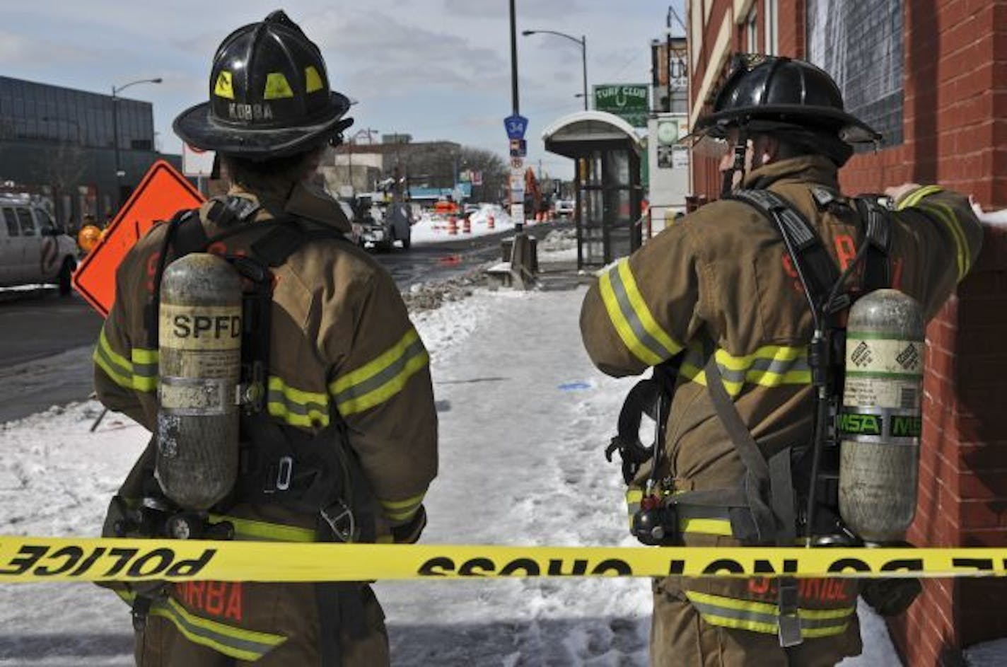 A gas leak at University Avenue and Fry St. led to evacuation of buildings. Construction workers and St. Paul firefighters were standing by waiting for the gas line to be shut down.