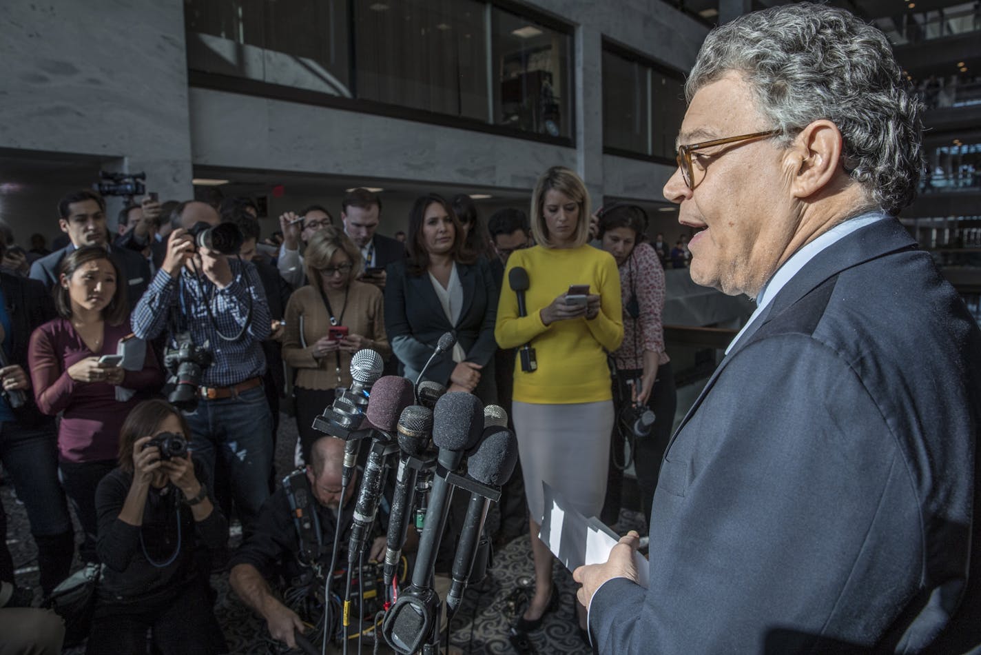 Sen. Al Franken, D-Minn., talks to the media on Capitol Hill in Washington, Monday, Nov. 27, 2017.