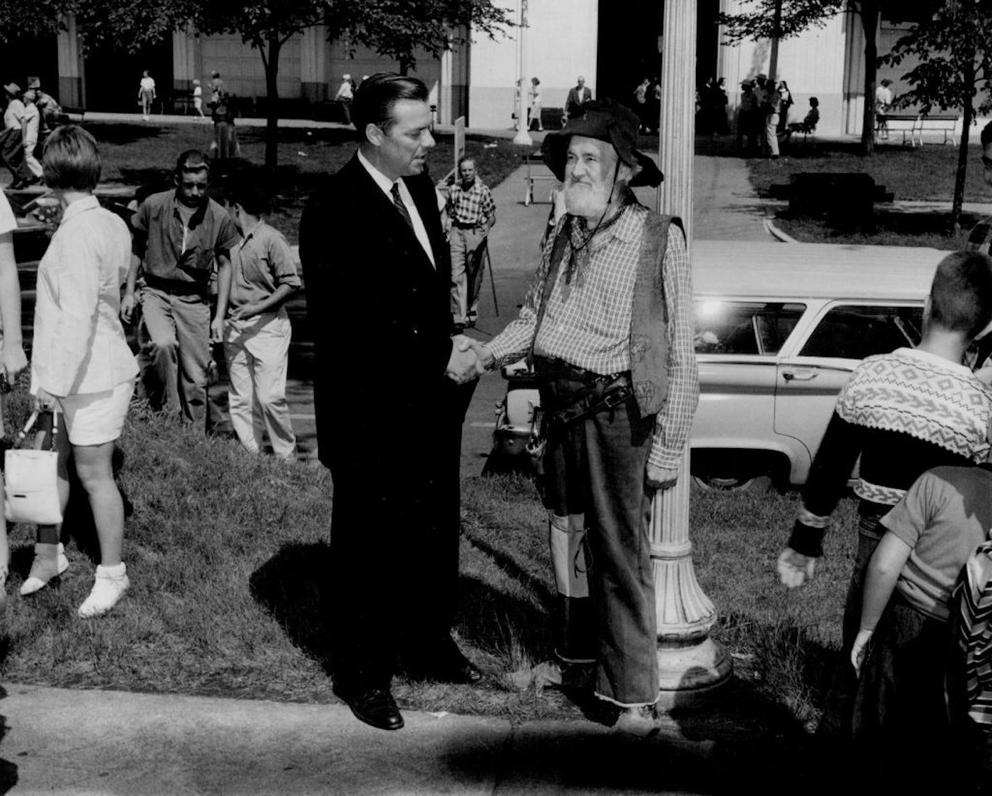 September 2, 1959: After 17 years, Rodger Kent and George "Gabby" Haves held a reunion at the Minnesota State Fair. In 1942, the WTCN radio and television personality was a serviceman hitchhiking through Hollywood. Hayes, then at the height of his career as a cowboy movie character actor, stopped his car and gave him a ride that included a personal tour of Hollywood.