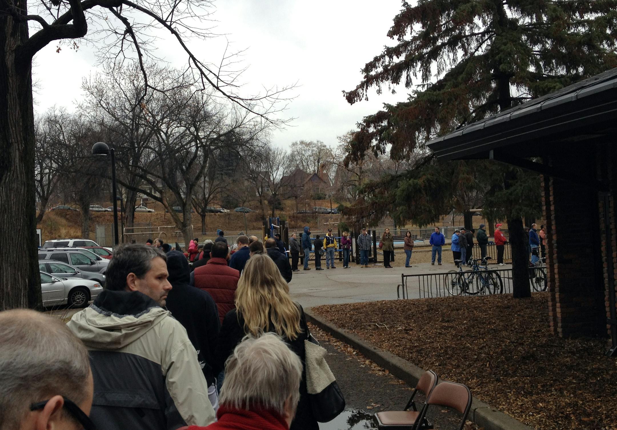 Voters wait in a line of more than 150 people Tuesday morning at Sibley Park in south Minneapolis.