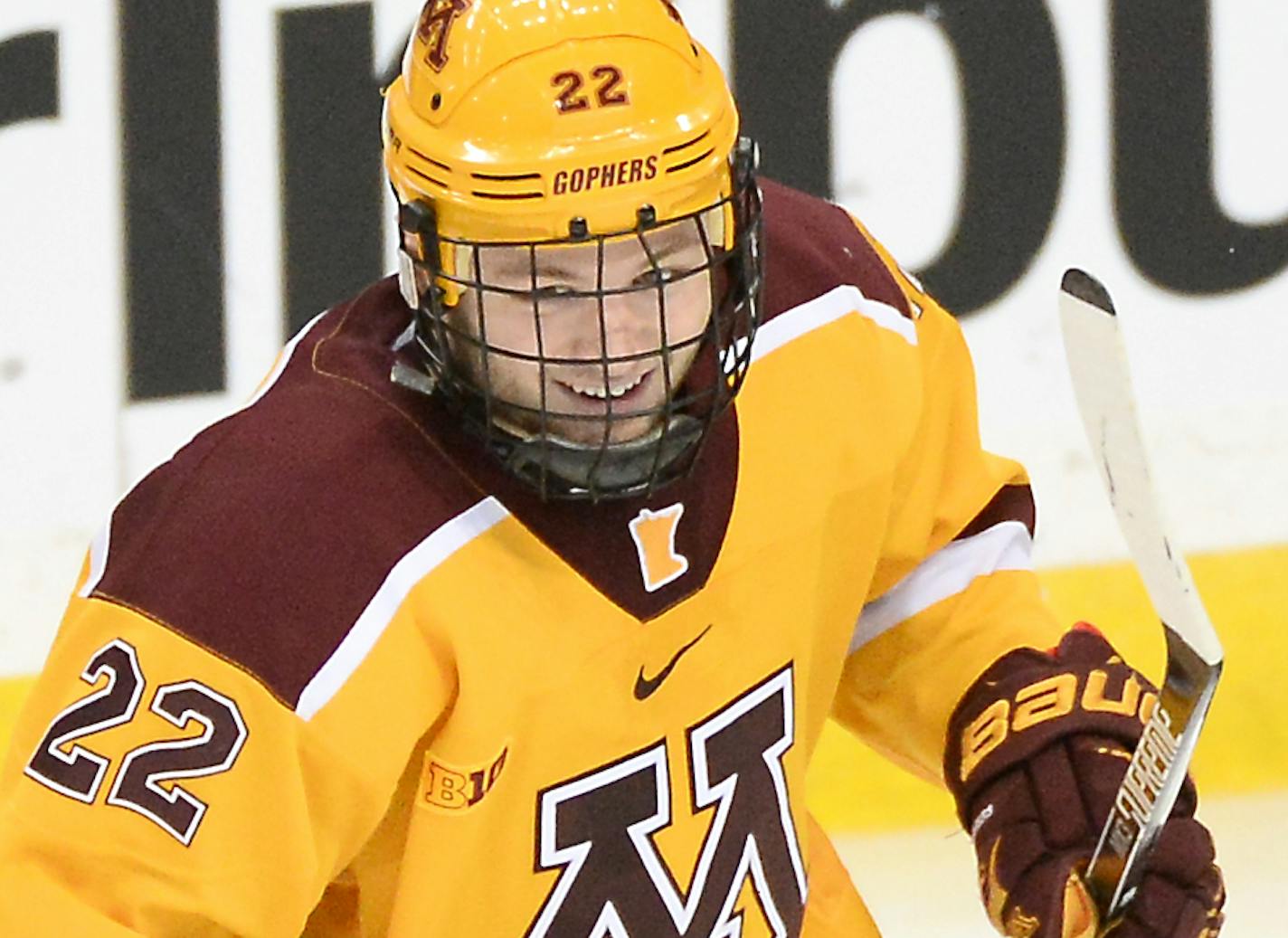 Minnesota Golden Gophers right wing Tyler Sheehy (22) and center Justin Kloos (25) celebrated after Sheehy scored a game-tying goal in the third period against Ohio State. ] (AARON LAVINSKY/STAR TRIBUNE) aaron.lavinsky@startribune.com The University of Minnesota Golden Gophers men's hockey team played the Ohio State University Buckeyes in a Big Ten Tournament semifinal game on Friday, March 18, 2016 at Xcel Energy Center in St. Paul, Minn.