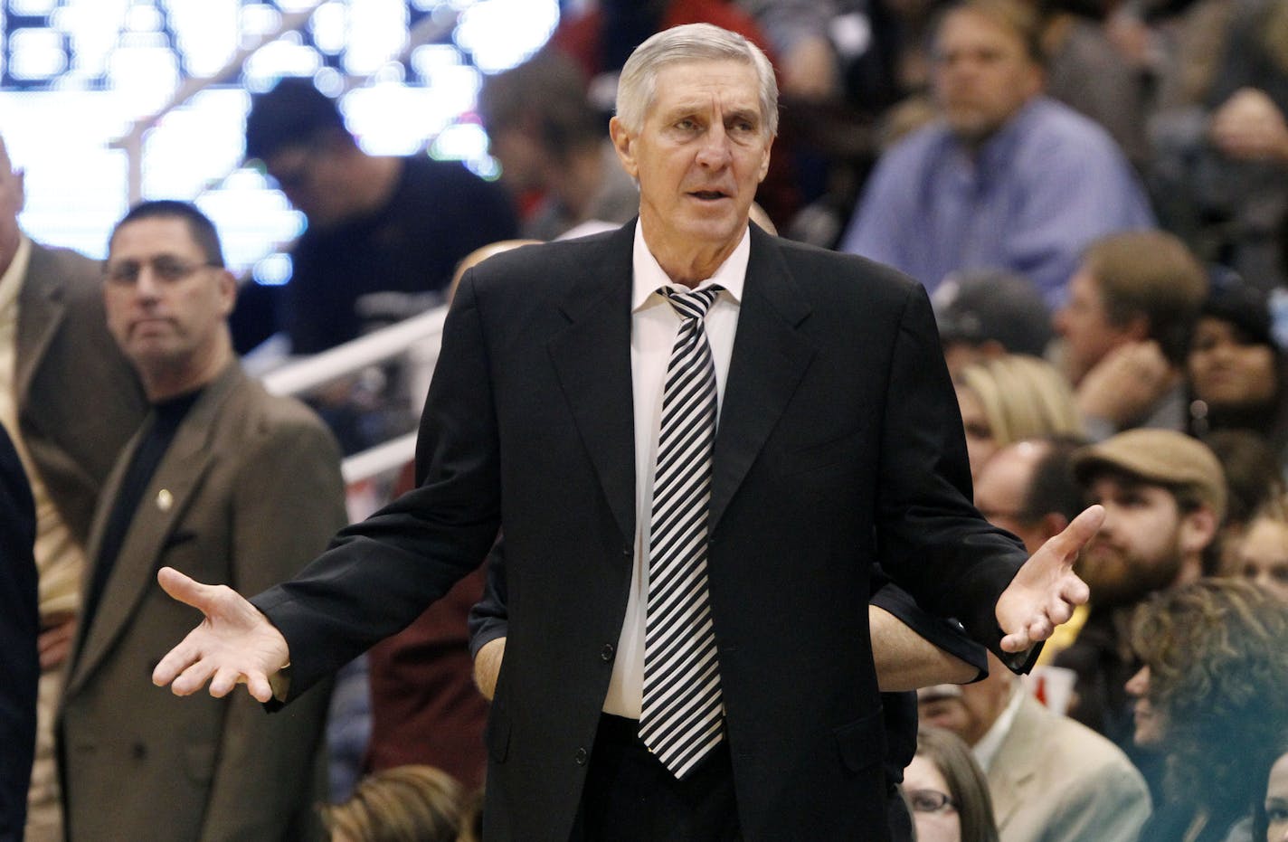 Utah head coach Jerry Sloan disputes a call during the second half of an NBA basketball game against the Charlotte Bobcats Monday, Jan. 31, 2011, in Salt Lake City. The Jazz won 83-78. (AP Photo/Jim Urquhart)