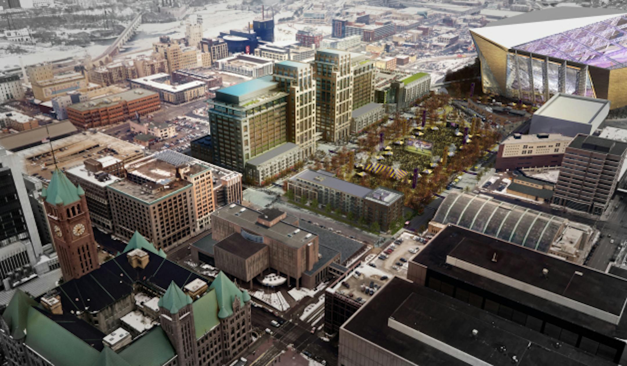 architects rendering of 'Downtown East' - development on Star Tribune site, next to new Vikings stadium " gameday aerial view'