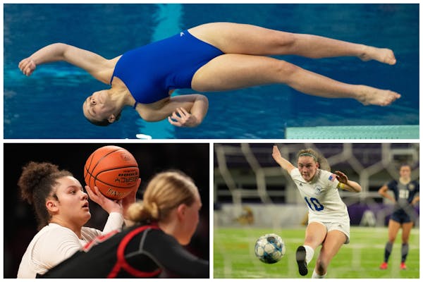 Clockwise from top: Gabby Mauder of Woodbury, Meghan Przybilla of St. Anthony and Trinity Wilson of Lakeville North are among Athena Award winners.