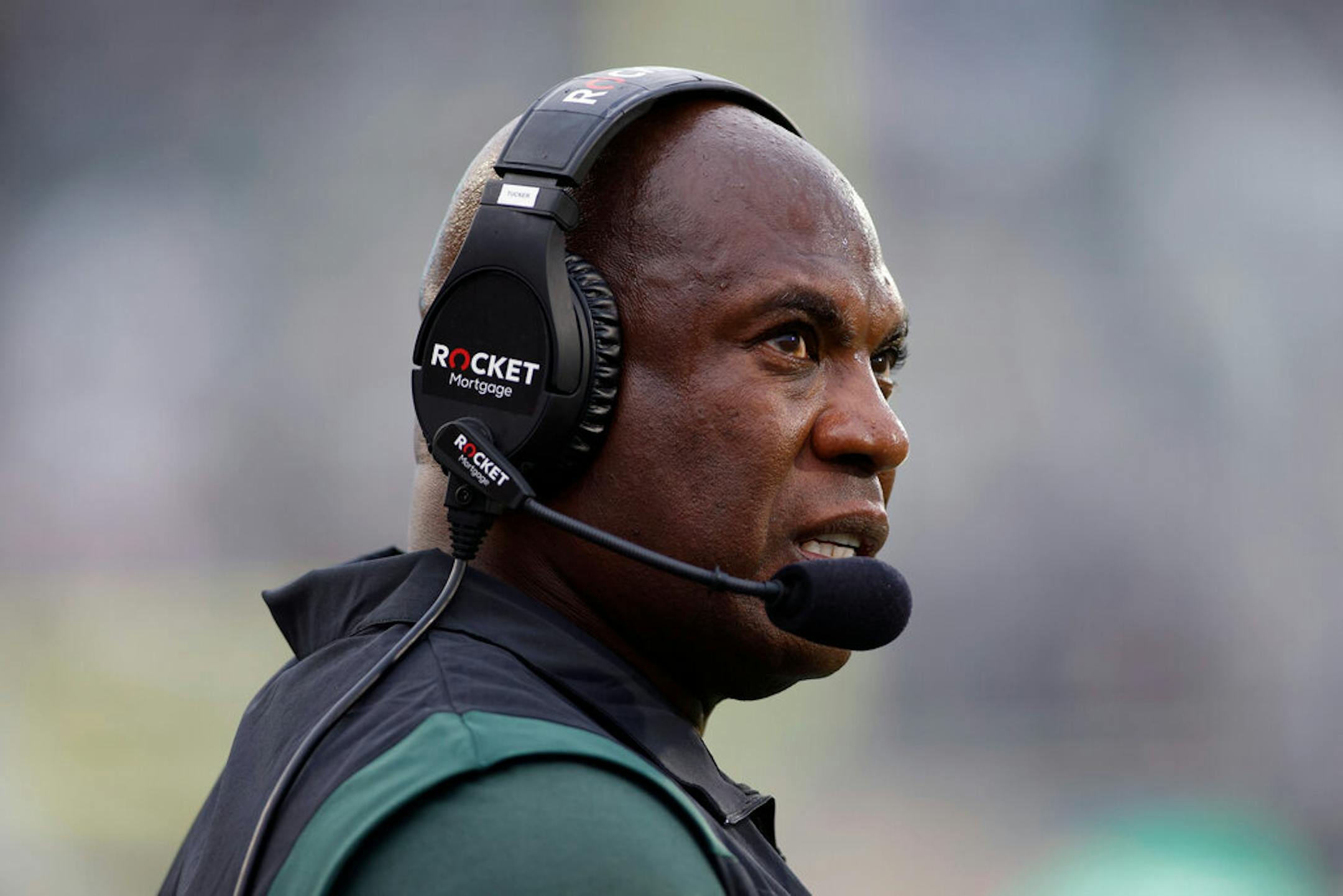 Michigan State coach Mel Tucker watches from the sideline during the second half of an NCAA college football game against Minnesota, Saturday, Sept. 24, 2022, in East Lansing, Mich. Minnesota won 34-7. (AP Photo/Al Goldis)