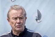 The Minnesota United Head Coach Adrian Heath takes to the field after a brief practice.