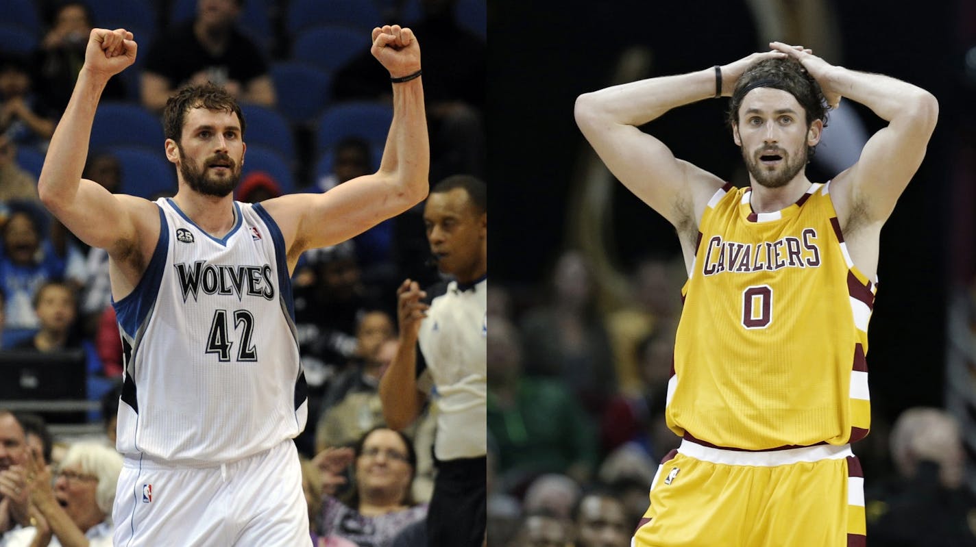 Minnesota Timberwolves forward Kevin Love (42) celebrates in an NBA basketball game against the San Antonio Spurs at the Target Center on in Minneapolis on Tuesday, April 8, 2014. (AP Photo/Hannah Foslien) Cleveland Cavaliers' Kevin Love reacts after fouling a player in the second half of an NBA basketball game against the San Antonio Spurs, Saturday, Jan. 30, 2016, in Cleveland. (AP Photo/Tony Dejak) ORG XMIT: MNHF