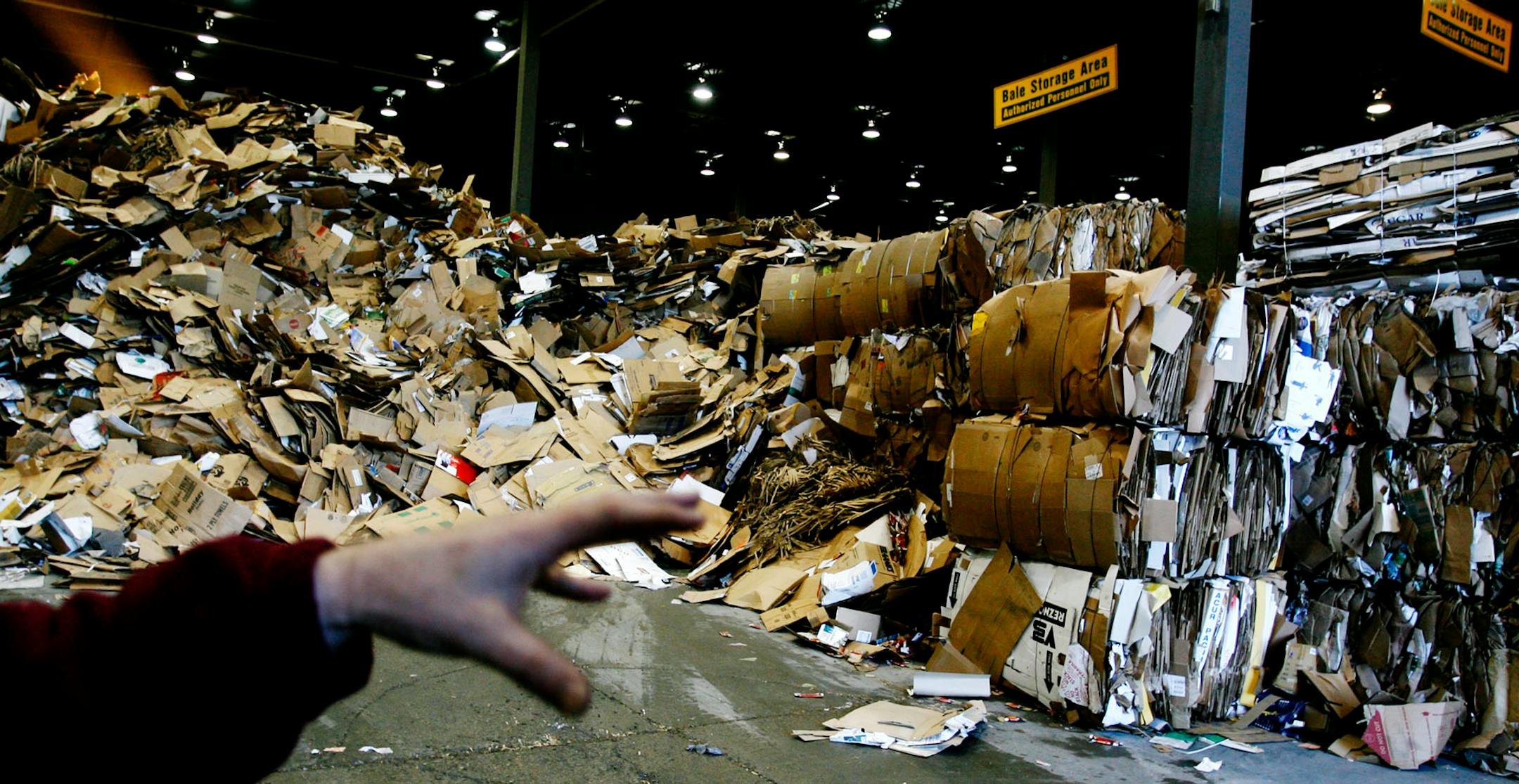 Plant manager Mike Lunow is surrounded by heaps of corrugated cardboard at the Waste Management Twin Cities Materials Recovery Facility. Gasoline prices aren't the only thing dropping these days. Plastic, cardboard and other recycling materials are worth only a fraction of what they sold for two or three months ago. "This is a big dramatic downturn," said Susan Young, dirctor of solid waste and recycling services in Minneapolis. "We all got used to China buying everything they could get their ha