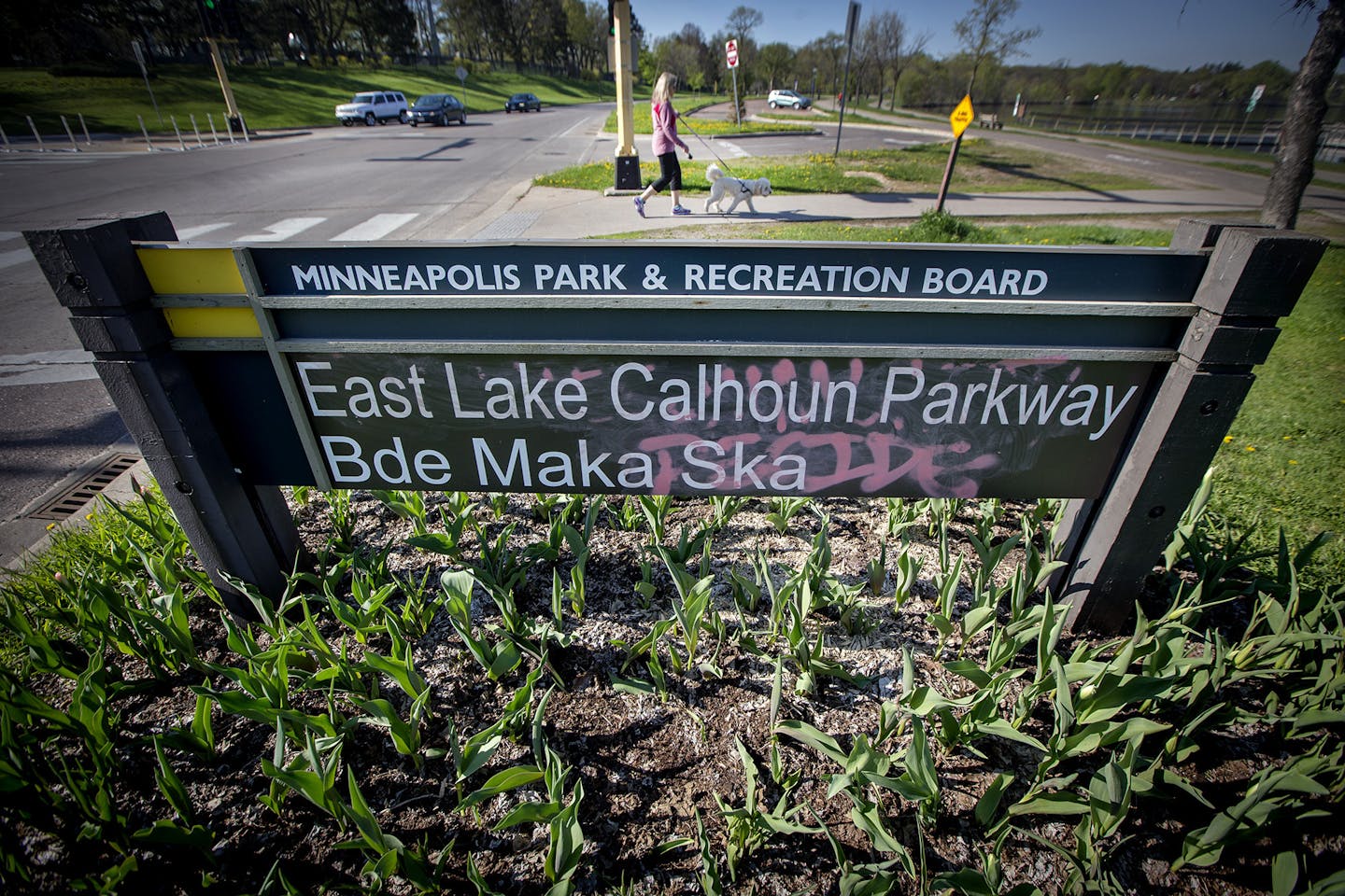 A sign for Lake Calhoun/Bde Maka Ska was defaced overnight Thursday in Minneapolis.