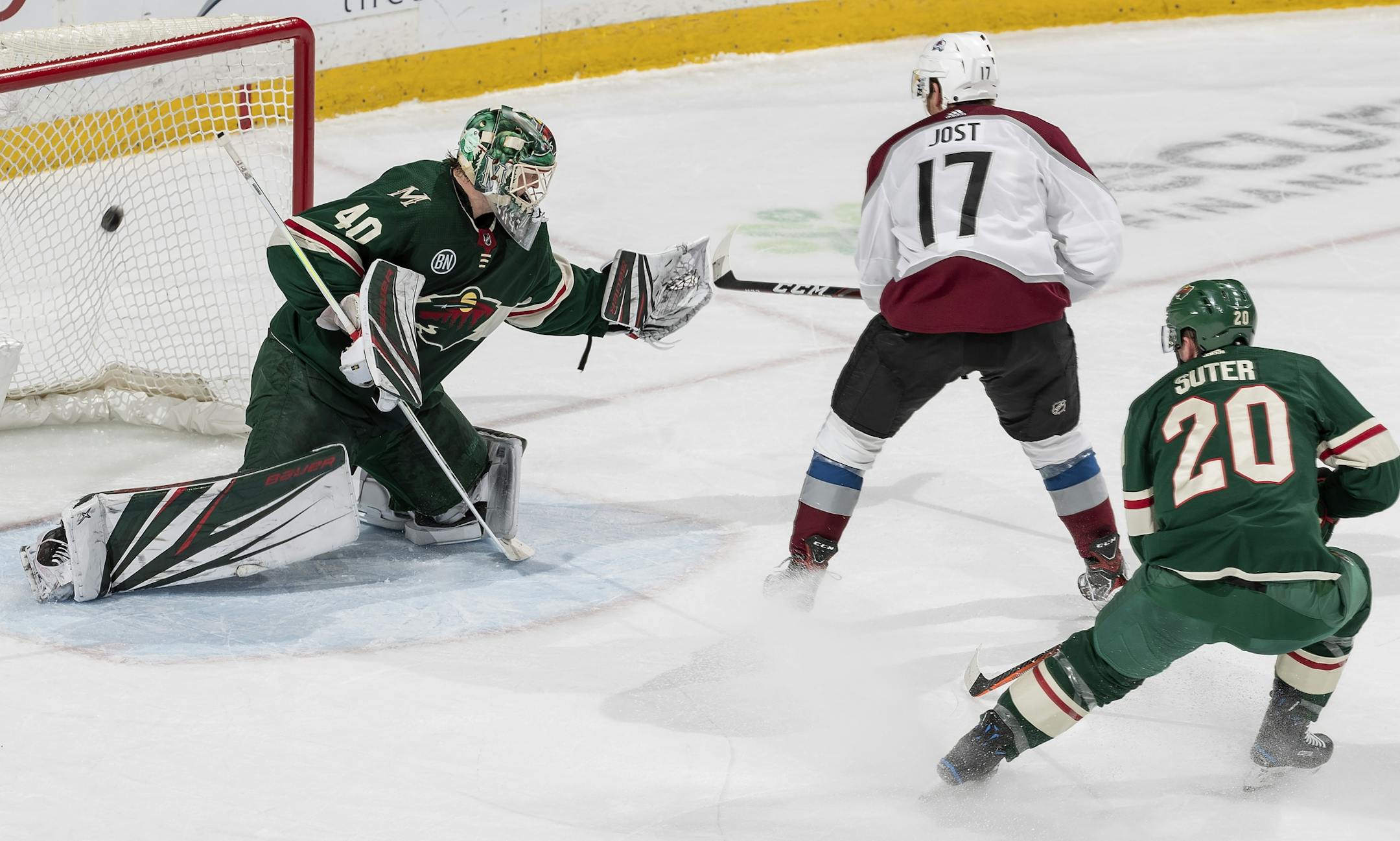 Tyson Jost (17) shot the puck past Wild goalie Devan Dubnyk (40) for a goal in the second period.