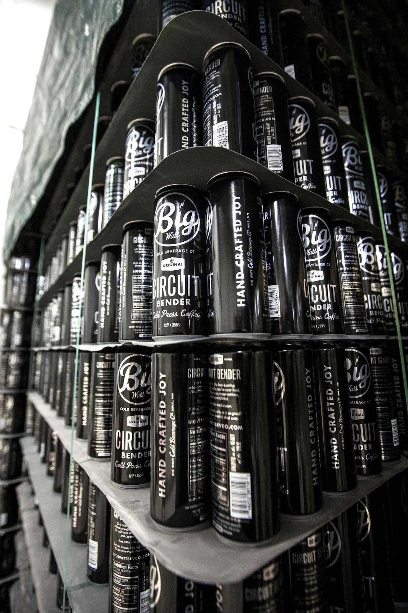 Stacks of cans sat waiting to be filled with Big Watt cold press coffee at Burning Brothers Brewing in St. Paul. By summer, Big Watt aims to be pumping out 22,000 cases a month.