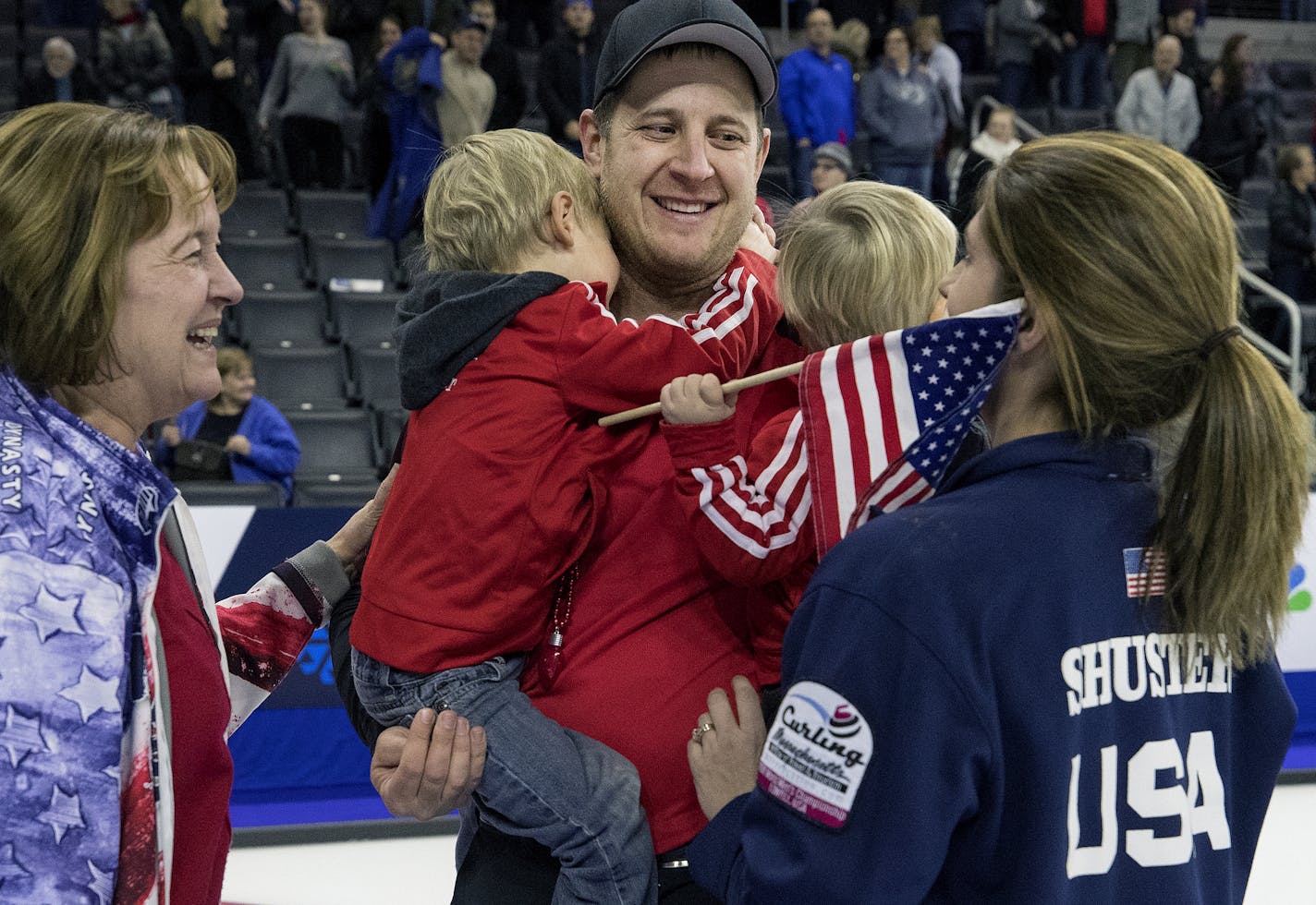 John Shuster was greeted by his family after his team won the Gold Medal at the U.S. Olympic curling team trials. Team Shuster beat Team McCormick to represent the USA in the 2018 Winter Olympics. ] CARLOS GONZALEZ &#x2022; cgonzalez@startribune.com - November 18, 2017, Omaha, NE, Baxter Arena, US Olympic curling trials, Team McCormick vs. Team Shuster