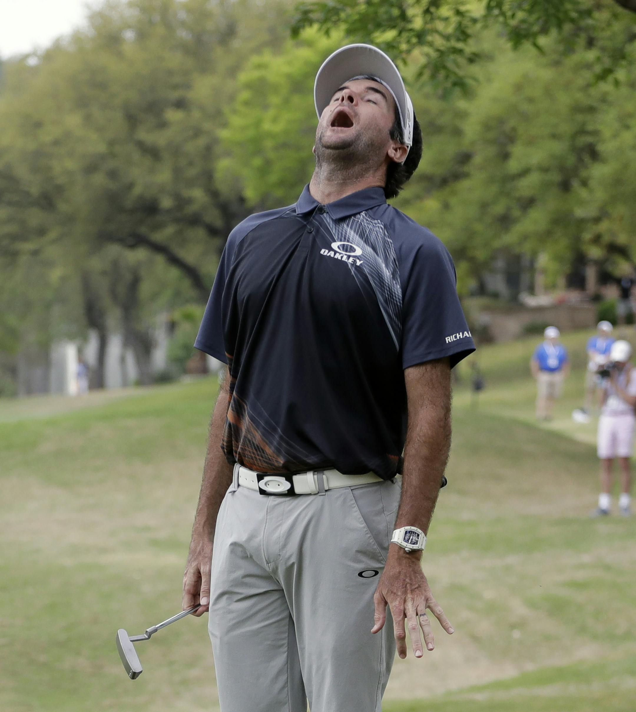Bubba Watson reacts after missing a putt on the fifth green during the final round at the Dell Technologies Match Play golf tournament, Sunday, March 25, 2018, in Austin, Texas. (AP Photo/Eric Gay)