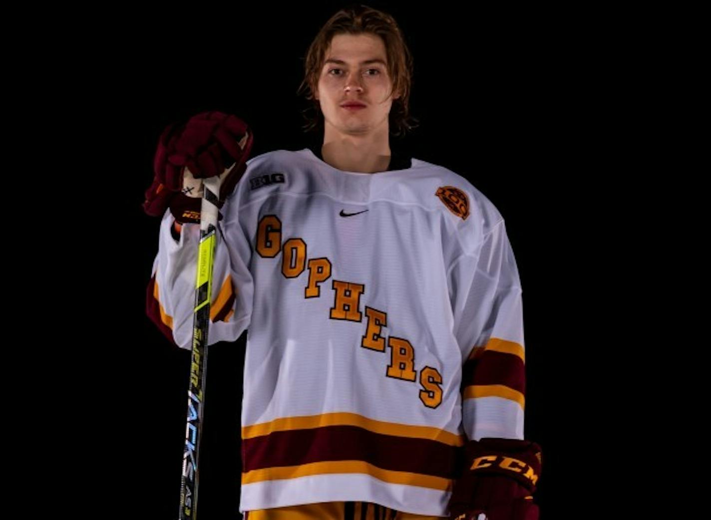 Sampo Ranta modeling the Gophers' throwback jersey for 2020-21.