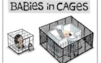 Sack cartoon: Babies in cages