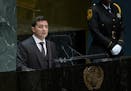 Ukrainian President Volodymyr Zelenskiy addresses the 74th session of the United Nations General Assembly, Wednesday, Sept. 25, 2019, at the United Na