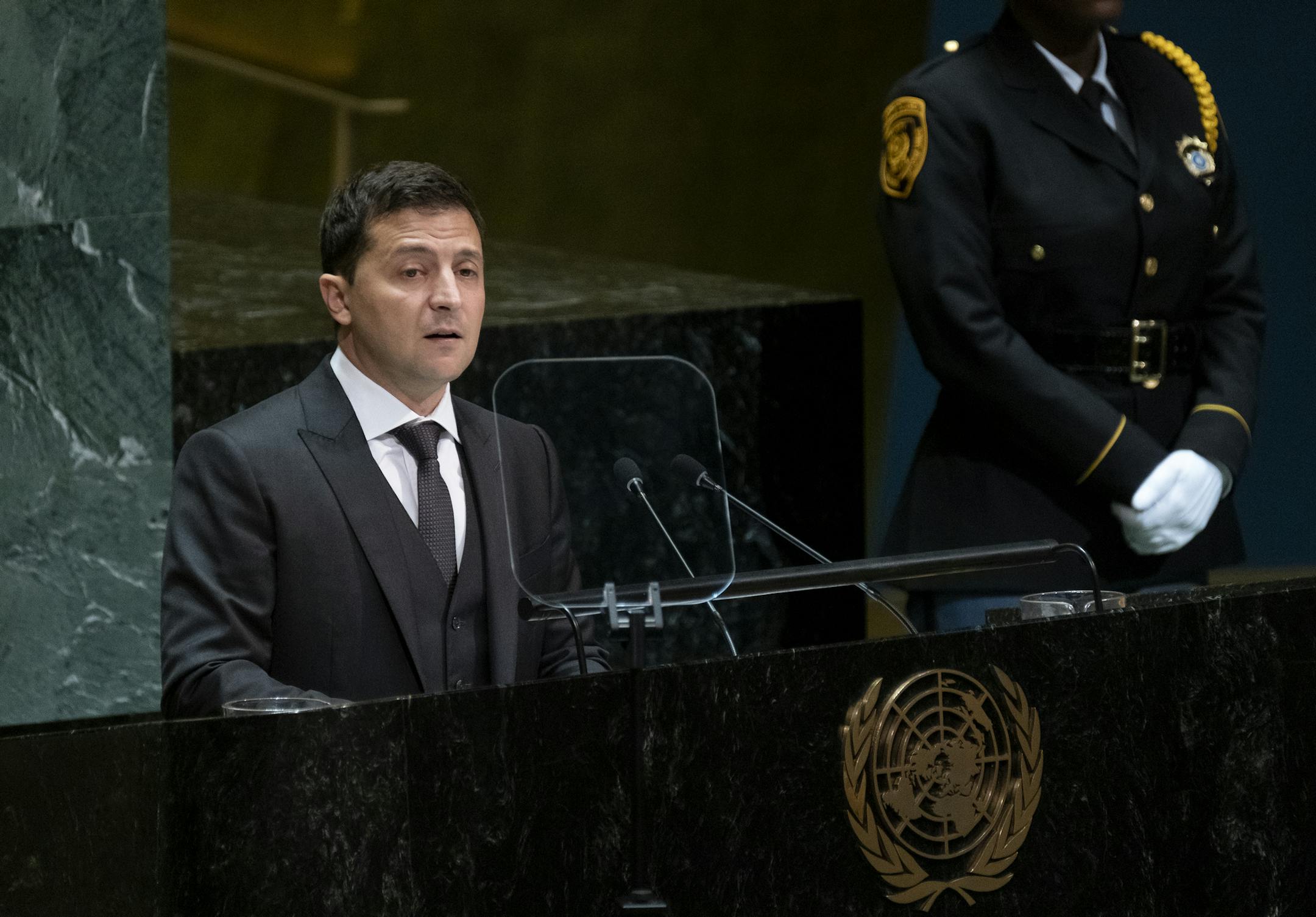 Ukrainian President Volodymyr Zelenskiy addresses the 74th session of the United Nations General Assembly, Wednesday, Sept. 25, 2019, at the United Nations headquarters. (AP Photo/Craig Ruttle)