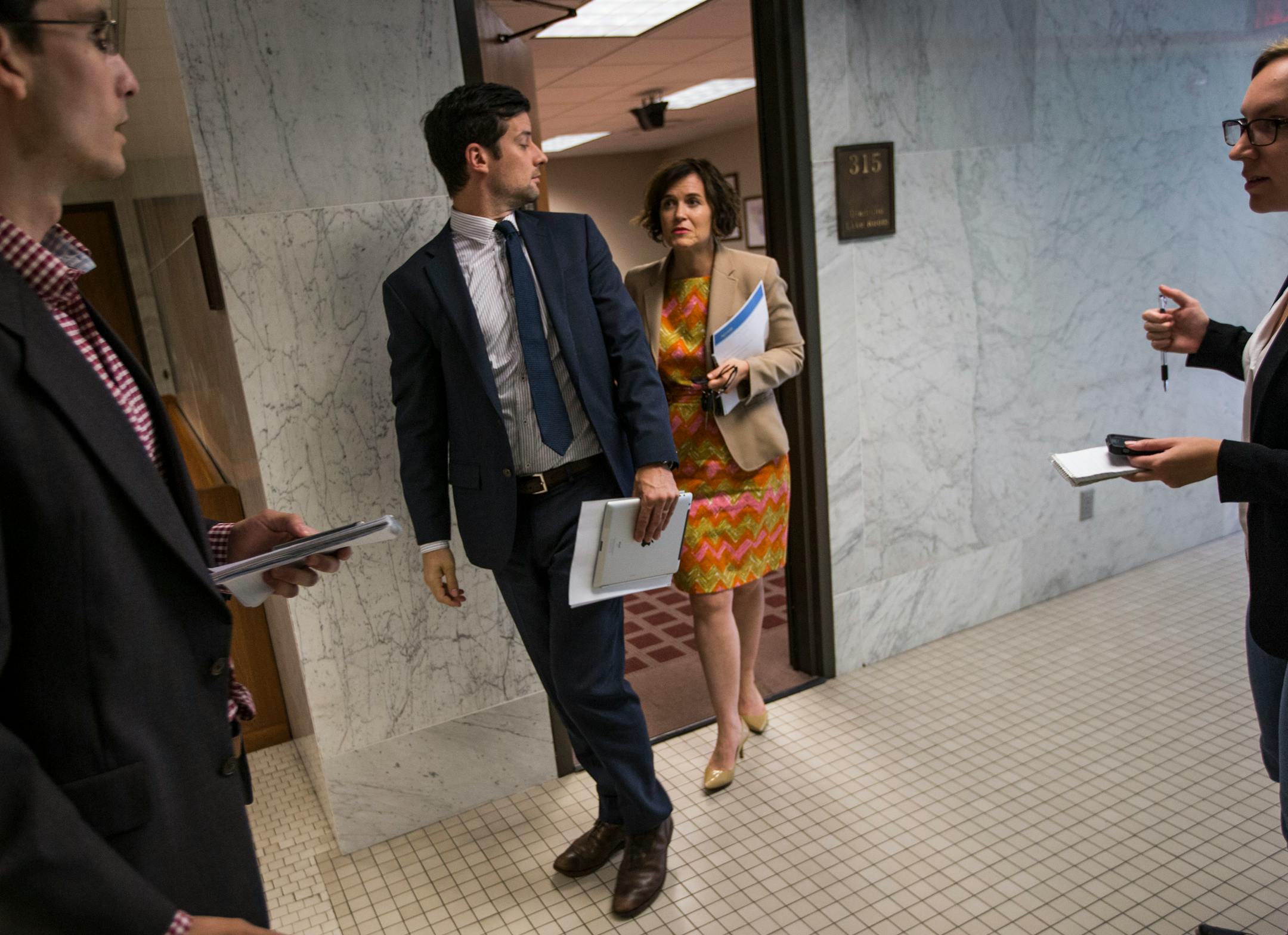 Minneapolis Mayor Betsy Hodges left a meeting with Minnesota United Fc officials and Minneapolis city leaders Friday for their first "working group" meeting regarding an MLS stadium near downtown on Friday, July 17, 2015, at City Hall in Minneapolis, Minn.