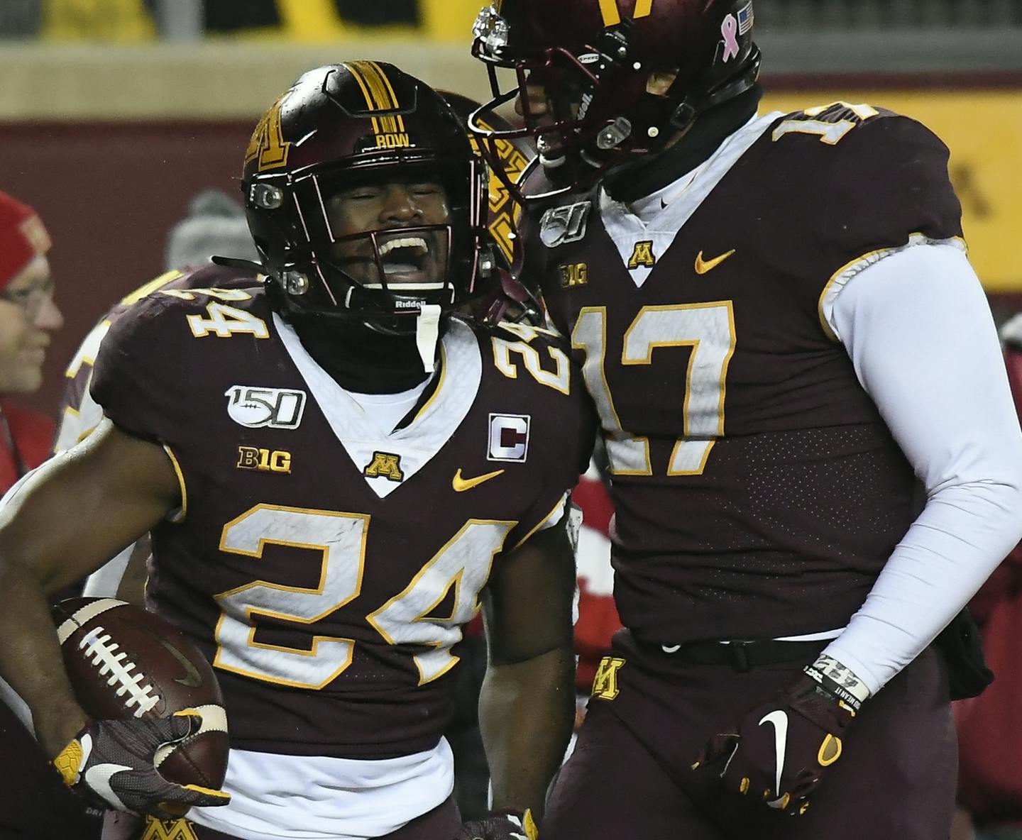 Gophers running back Mohamed Ibrahim (24) and wide receiver Seth Green (17) celebrated Ibrahim's second quarter rushing touchdown against the Nebraska Cornhuskers. ] Aaron Lavinsky &#x2022; aaron.lavinsky@startribune.com The Gophers played the Nebraska Cornhuskers on Saturday, Oct. 12, 2019 at TCF Bank Stadium in Minneapolis, Minn.