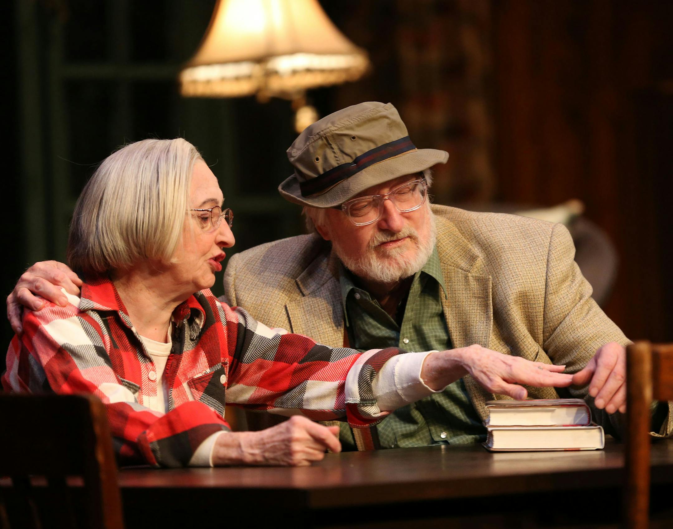 Wendy Lehr and Bain Boehlke played around on stage as they chatted about life and worked on lines before the beginning of dress rehearsal. ] (KYNDELL HARKNESS/STAR TRIBUNE) kyndell.harkness@startribune.com Dress rehearsal for On Golden Pond at the Jungle Theater in Minneapolis Min., Friday, October 31, 2014.