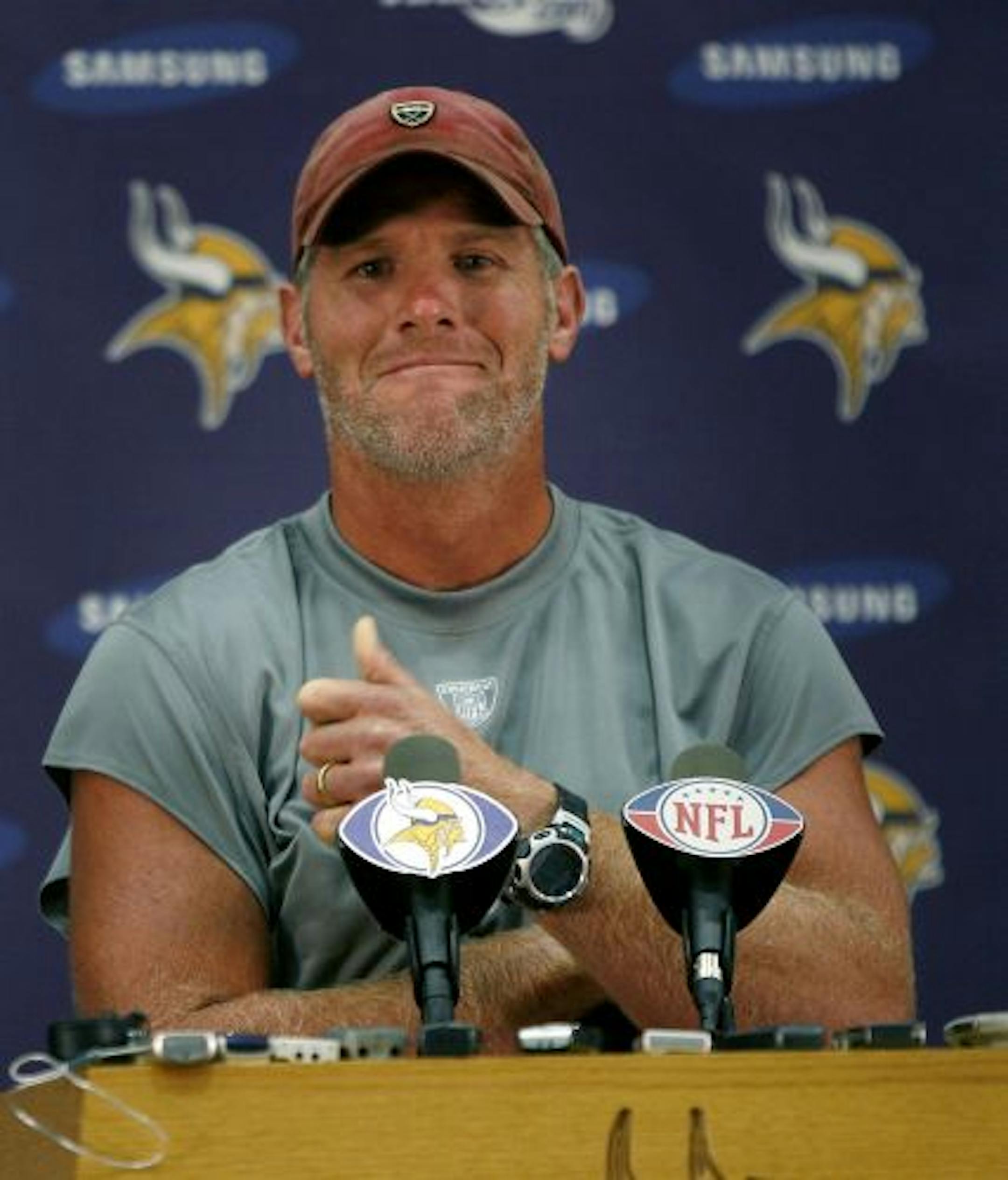 Brett Favre gave a "thumbs up" as he talked to the media for the first time as a Minnesota Viking at Winter Park.