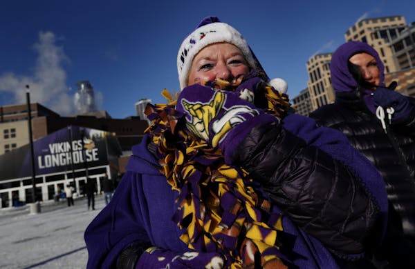 Minnesota Vikings fan Cheryl Erickson of Plymouth walked to US Bank Stadium in sub-zero temperatures.