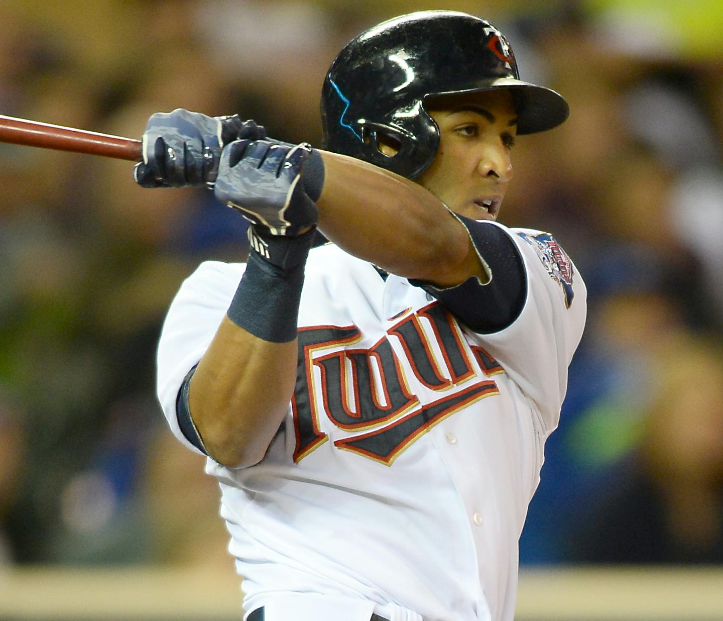 Minnesota Twins left fielder Eddie Rosario (20) followed through with his swing after hitting a base hit against Kansas City in the bottom of the second inning. ] Aaron Lavinsky &#x2022; aaron.lavinsky@startribune.com The Minnesota Twins play the Kansas City Royals on Friday, Oct. 2, 2015 at Target Field in Minneapolis, Minn.