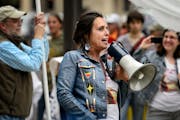 Winona LaDuke led protestors as they demonstrated outside the Minnesota Public Utilities Commission in St. Paul, before the hearing on June 3, 2015