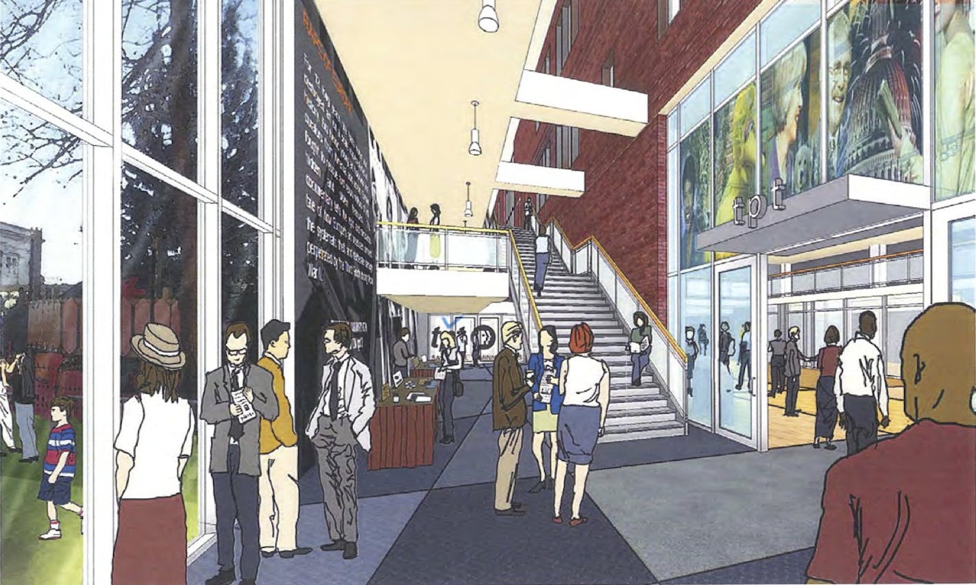 provided architects sketch fpr TPT ( public television) remodel - showing main entrance on street level