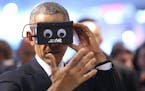 President Barack Obama visits the booth of ifm electronic (automation engineering) at the Hannover Messe industrial technology trade fair on April 25,