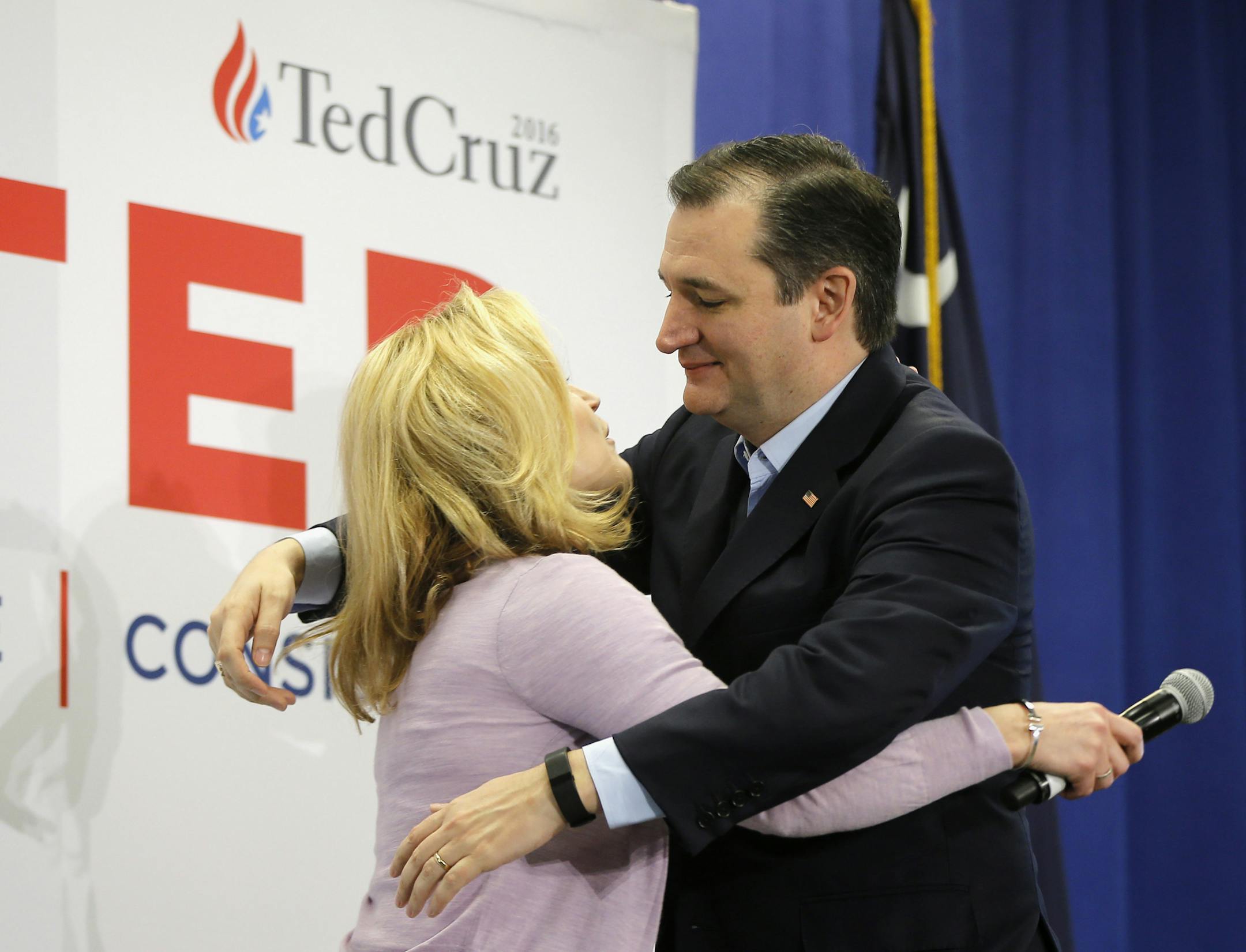 Republican presidential candidate, Sen. Ted Cruz, R-Texas embraces his wife Heidi during a campaign stop, Friday, Feb. 19, 2016, in Myrtle Beach, S.C. (AP Photo/Matt Rourke)