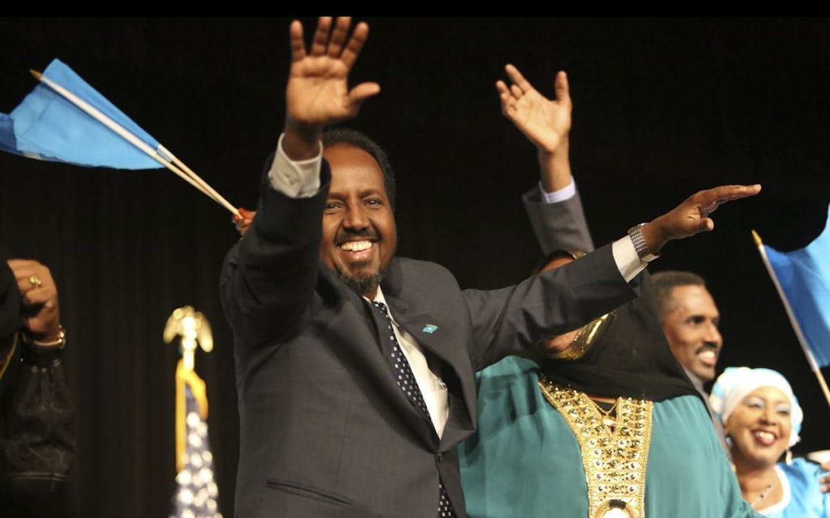 January 2012: Somali President Hassan Sheikh Mohamud waved at the crowd during a Somalia convention at the Minneapolis Convention Center.